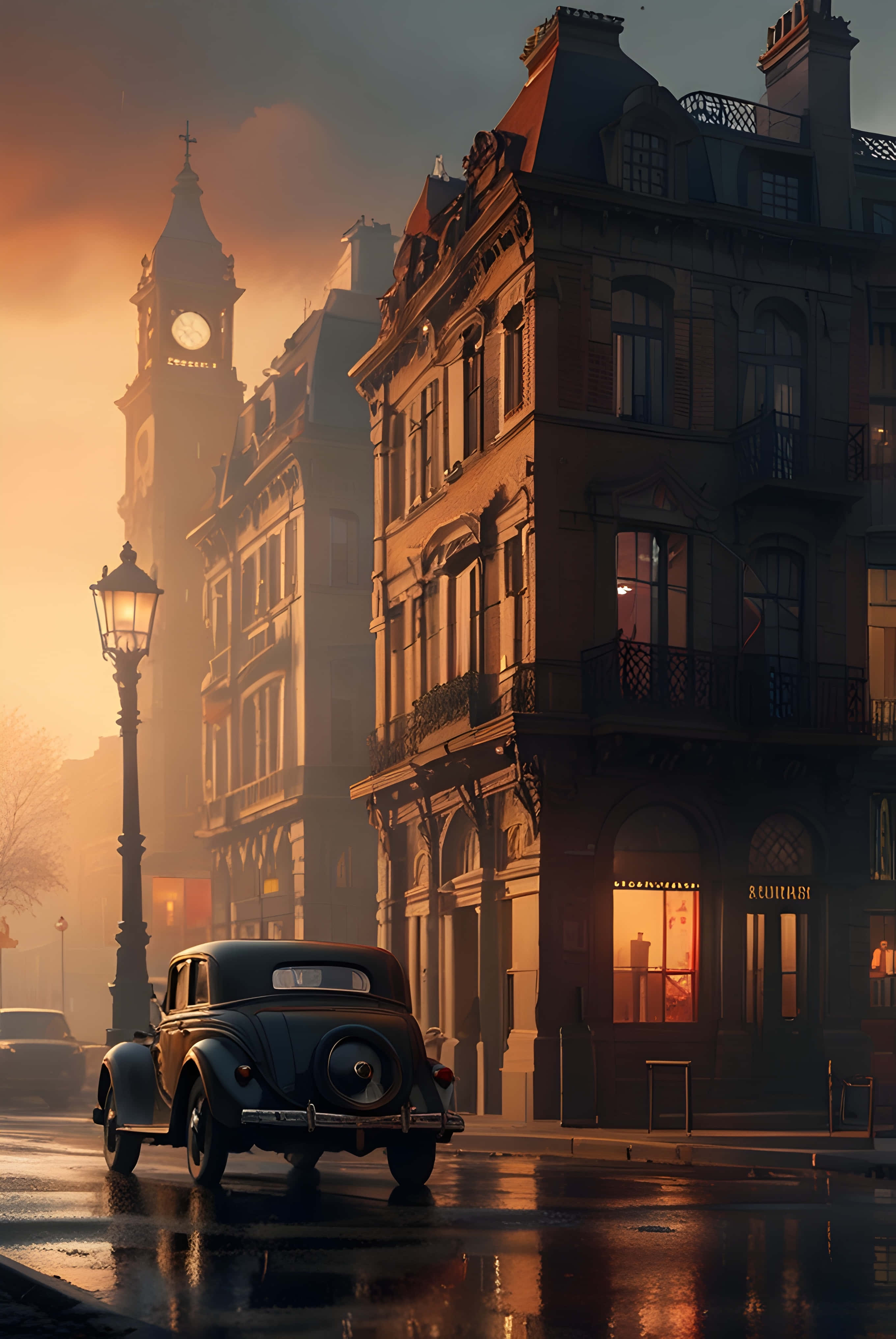 golden hour, wet cobblestone street, ornate buildings, 4K Phone Wallpaper