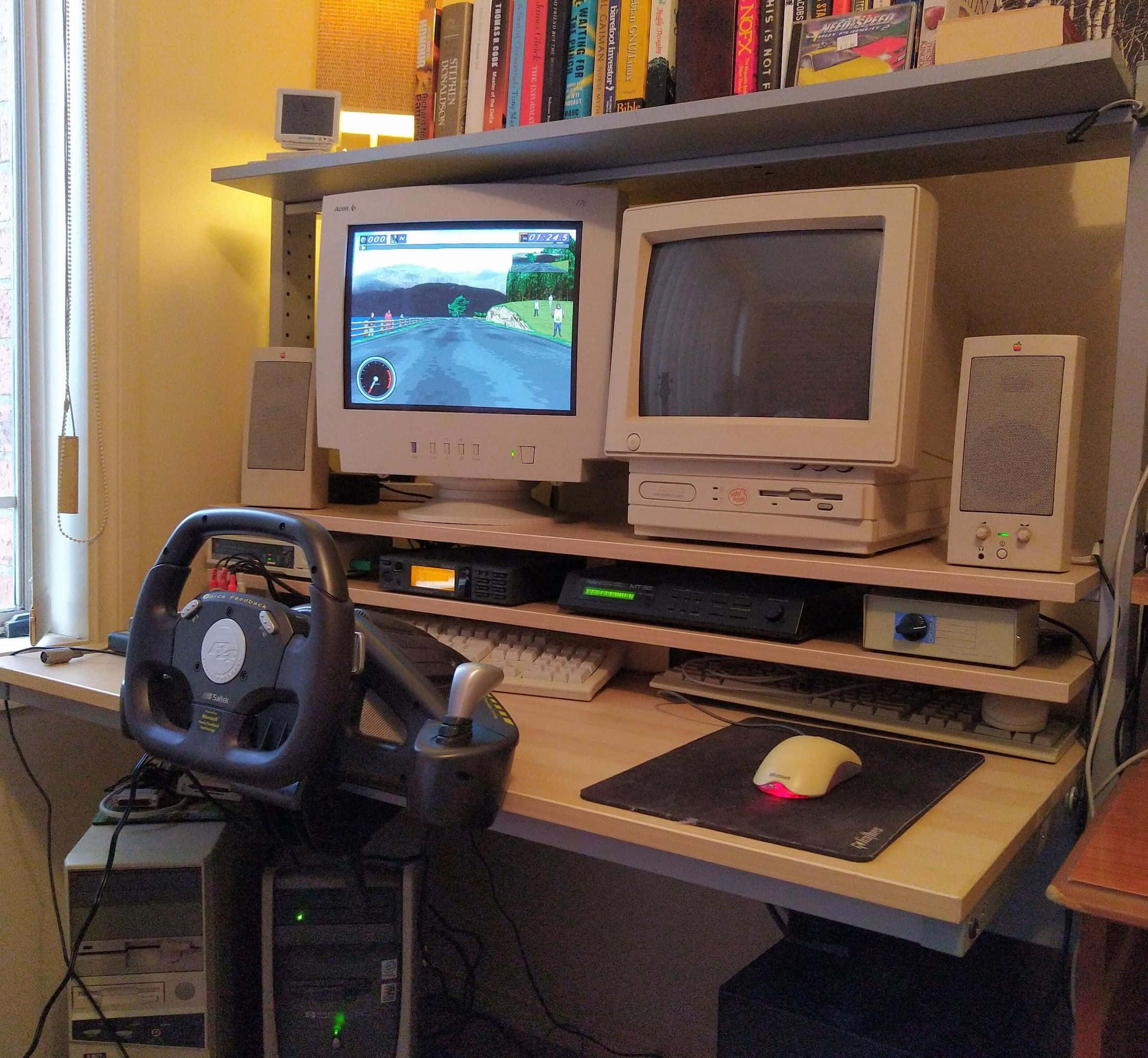 retro gaming setup, steering wheel, CRT monitors, Full HD Desktop Wallpaper