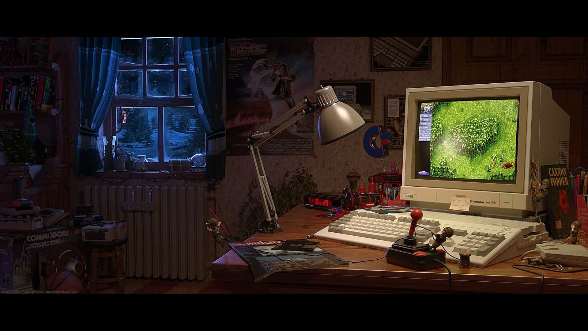 vintage computer, green pixelated game, desk lamp, Full HD Desktop Wallpaper