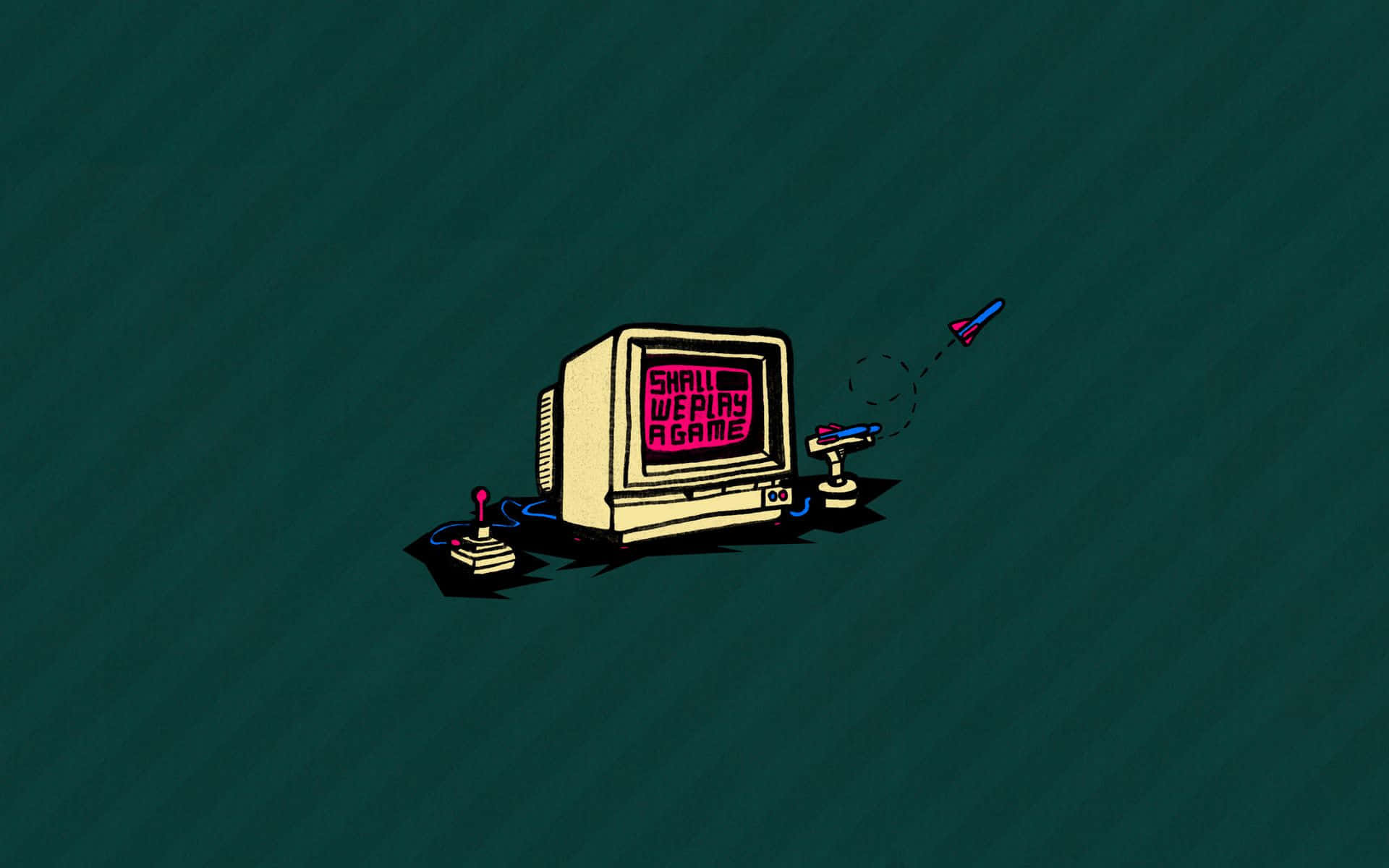 retro beige computer, joysticks, pink text 'SHALL WE PLAY A GAME', Full HD Desktop Wallpaper
