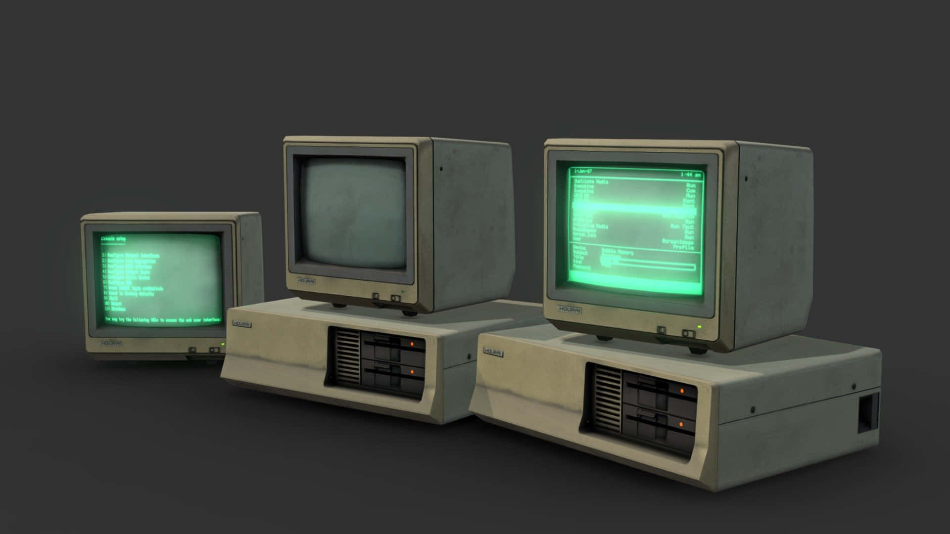beige computer monitors, green terminal screens, dark gray pedestals, Full HD Desktop Wallpaper