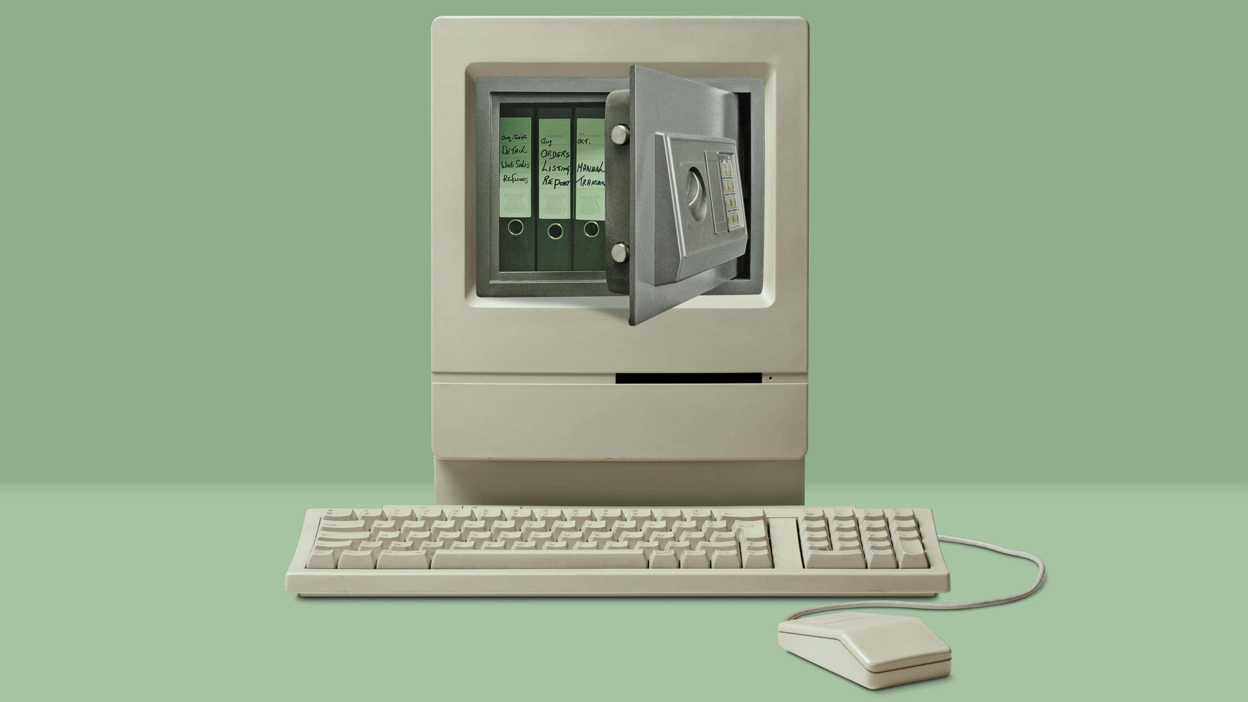 Old Computer, beige computer, open safe door, 2K Desktop Wallpaper