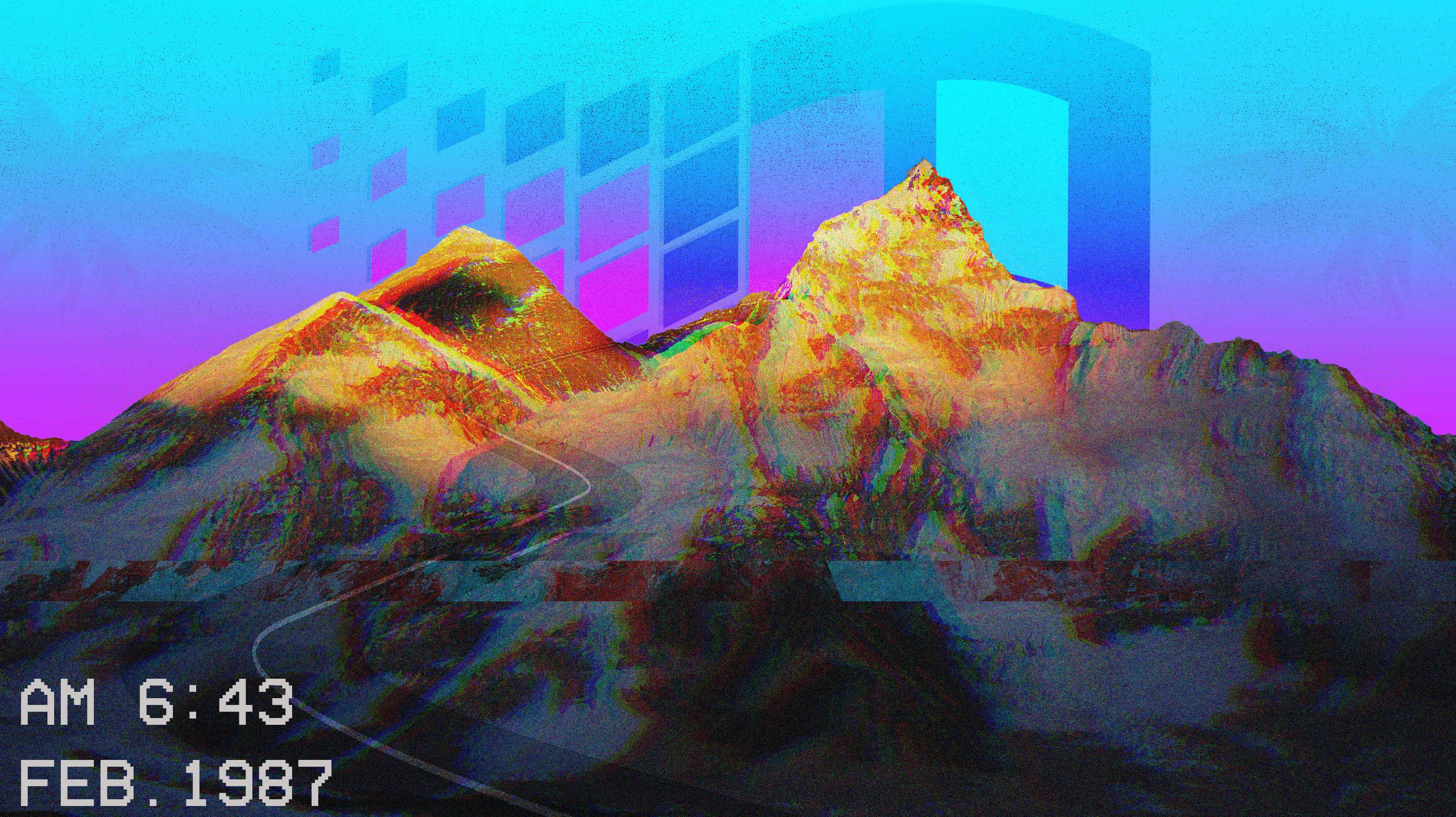 90s computer, mountain range, surreal purple and blue sky, 2K Desktop Wallpaper