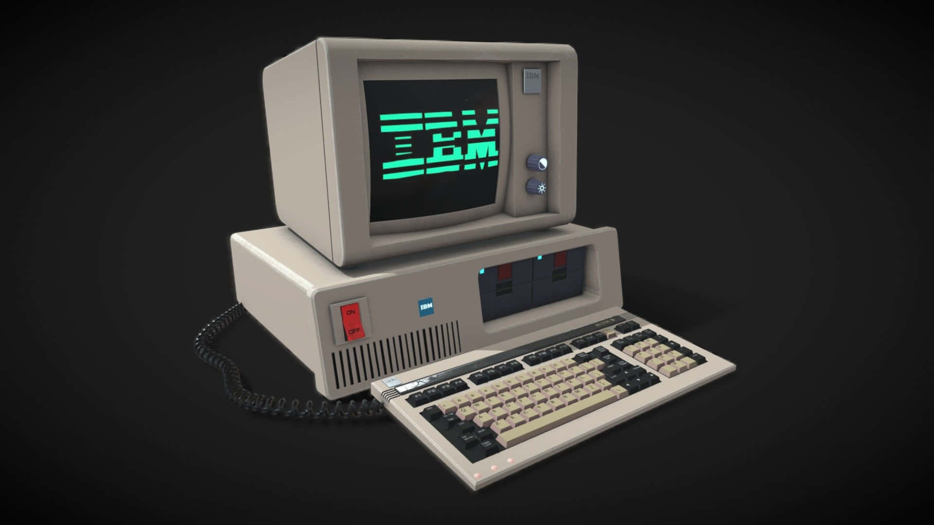beige IBM PC, glowing green logo, dark background, Full HD Desktop Wallpaper