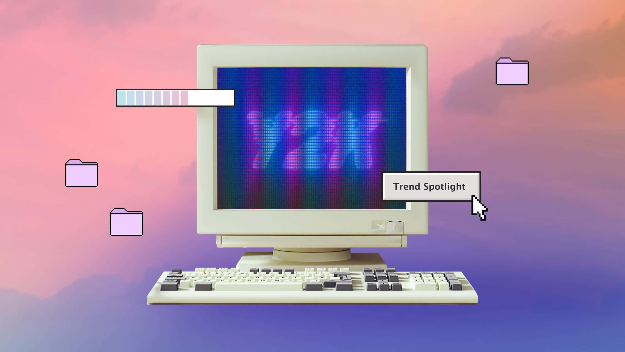 beige CRT monitor, glowing blue Y2K text, dreamy pink purple sky, Full HD Desktop Wallpaper