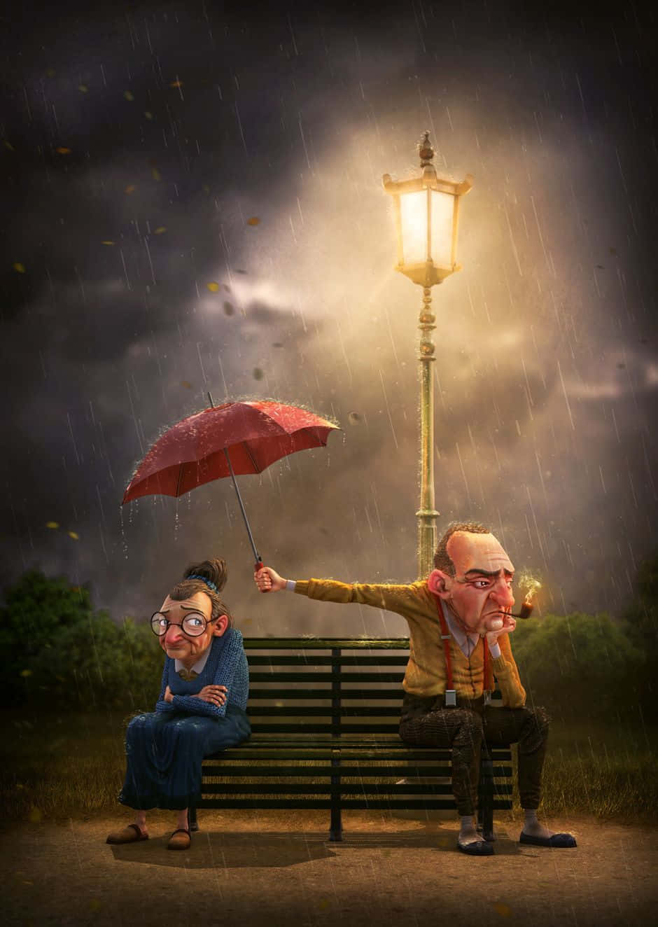 Old Couple, red umbrella, glowing streetlamp, HD Phone Wallpaper