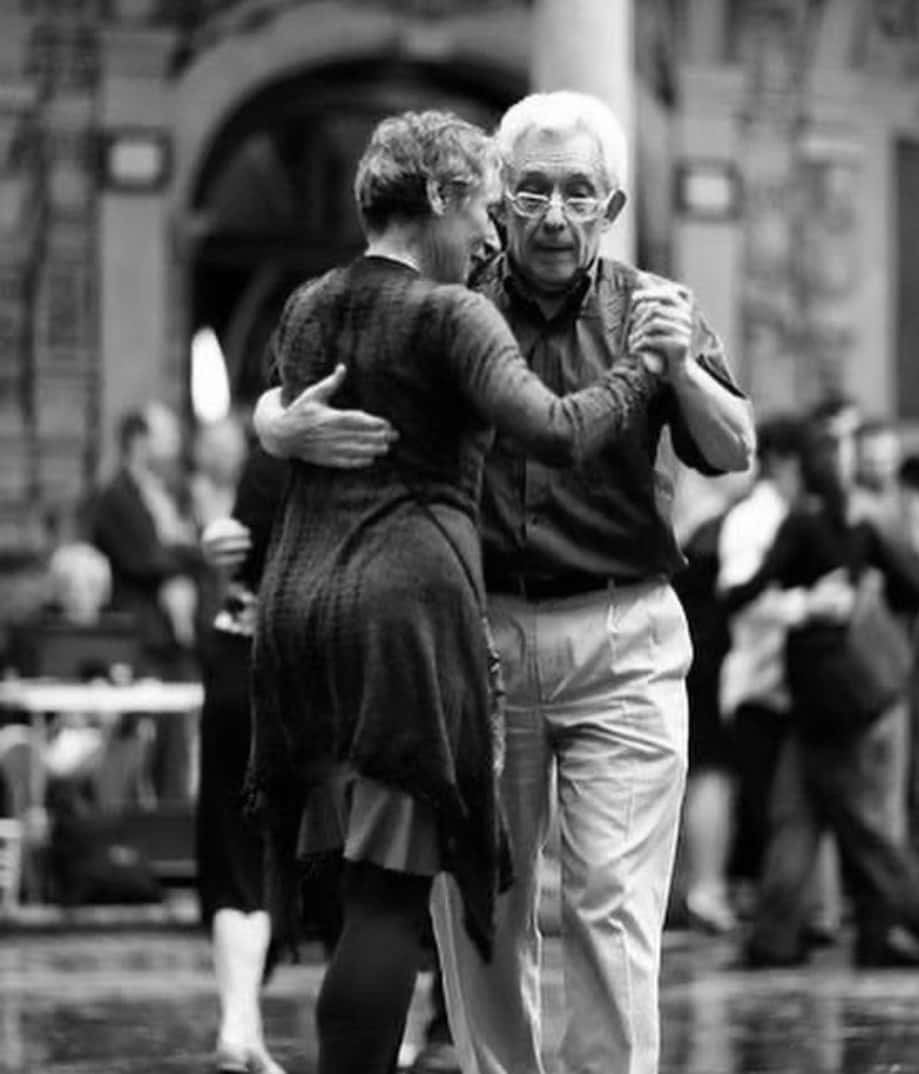 Old Couple Dancing, bustling public square, monochrome, SD Phone Wallpaper