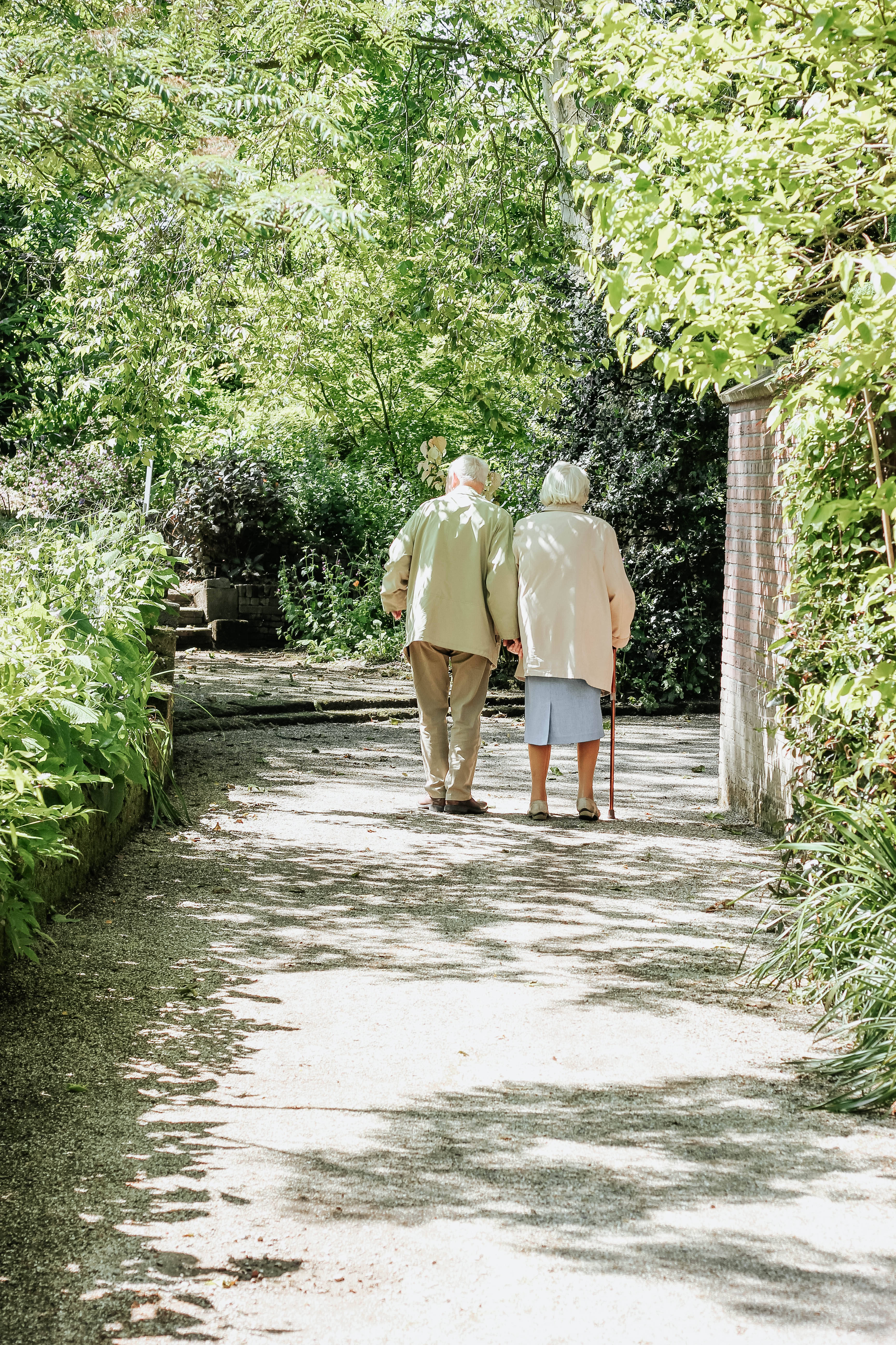 elderly couple, sun-dappled garden path, lush green foliage, 5K Phone Wallpaper