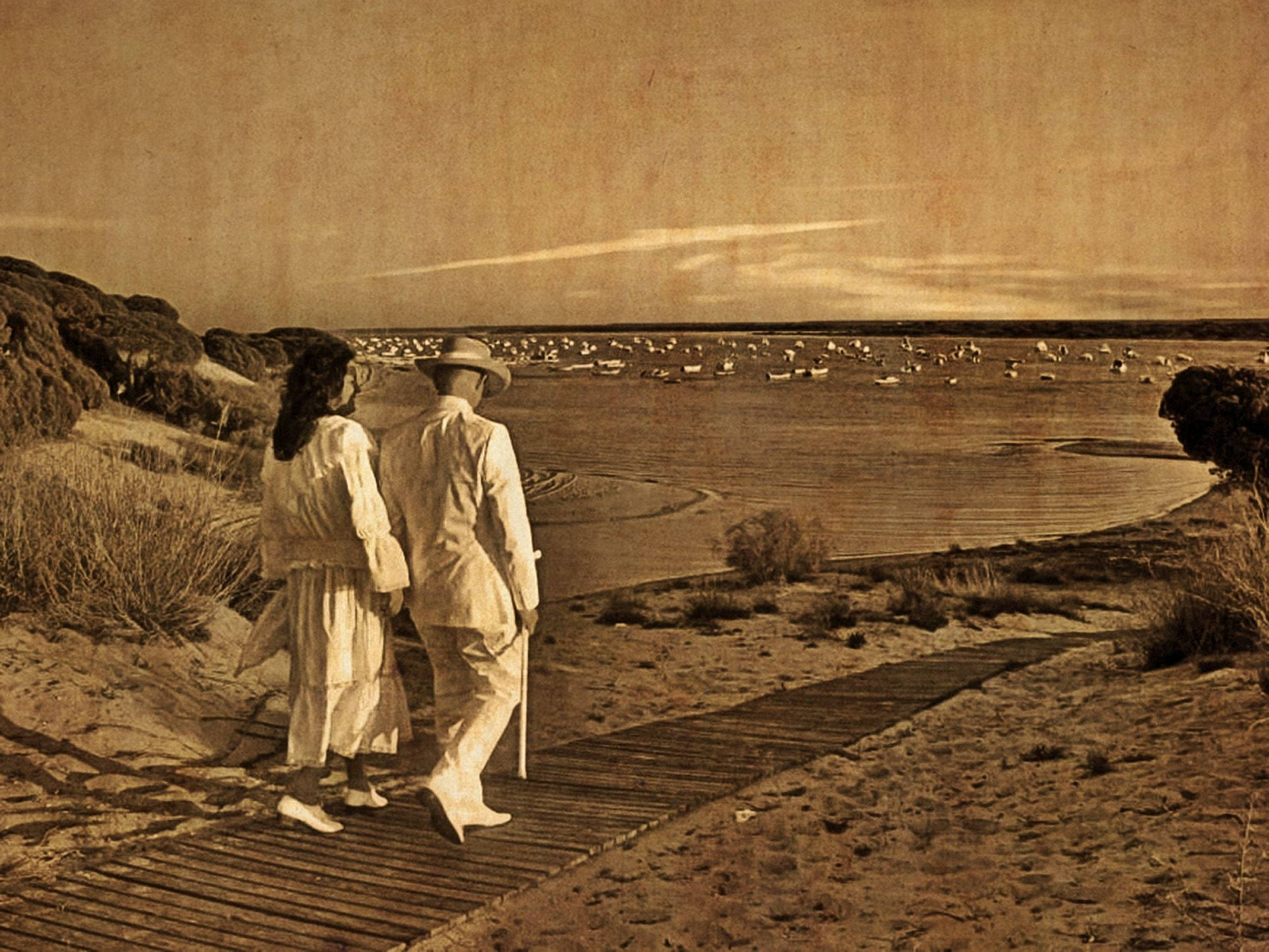 vintage sepia-toned couple, wooden boardwalk, calm bay, Full HD Desktop Wallpaper