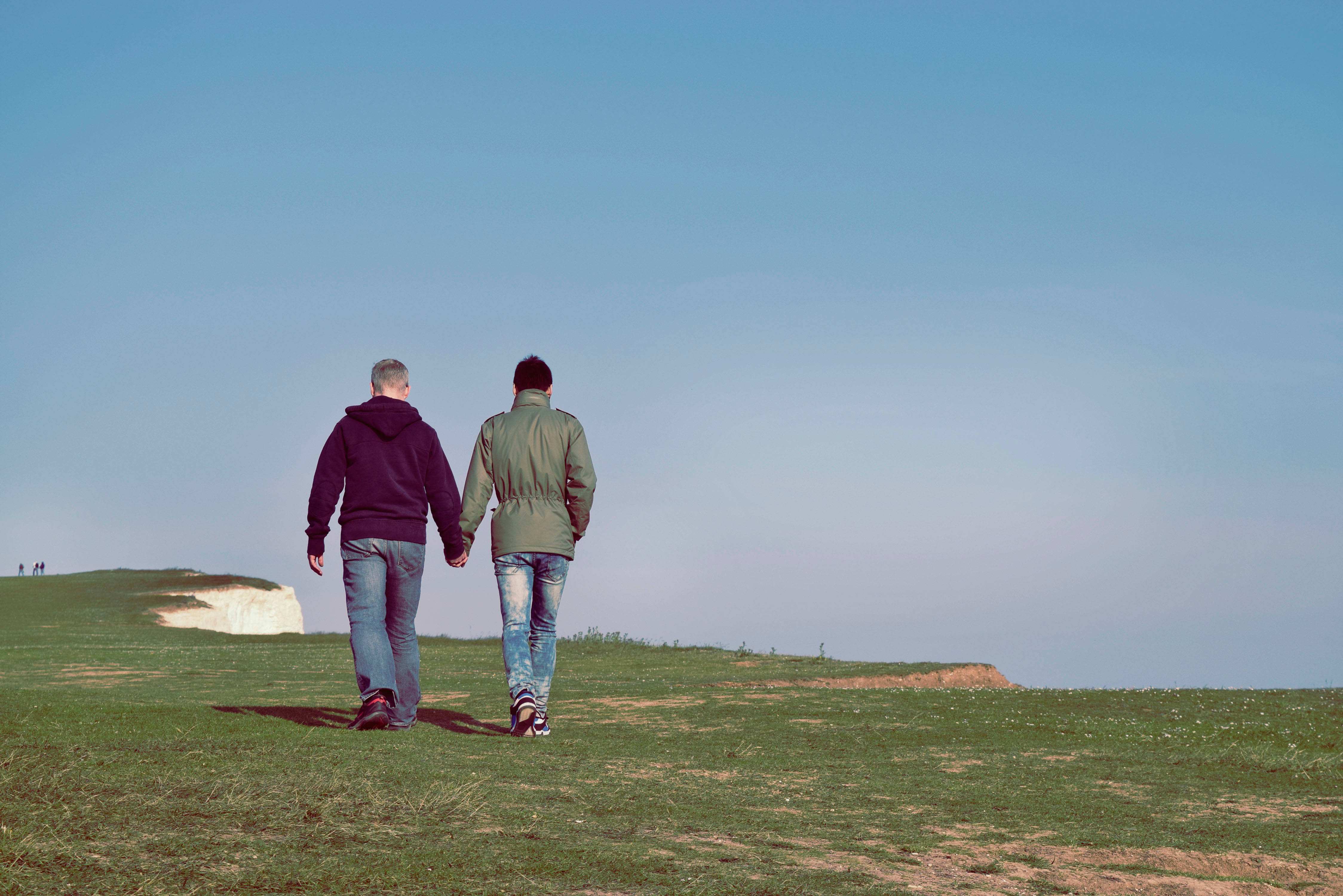 Old Gay Couple, grassy hill, clear blue sky, 4K Desktop Wallpaper