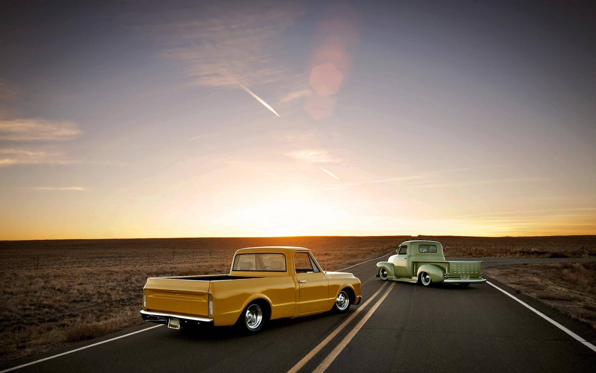 Old Ford Trucks, desert highway, sunset, Full HD Desktop Wallpaper
