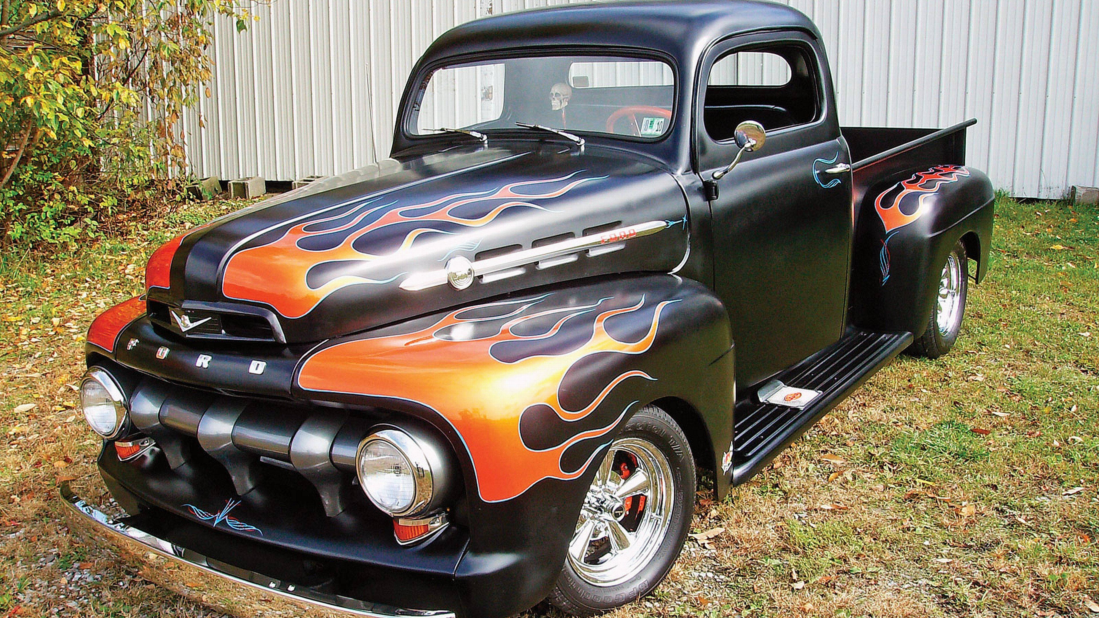Old Ford Truck, black, vibrant orange and blue flame decals, 4K Desktop Wallpaper