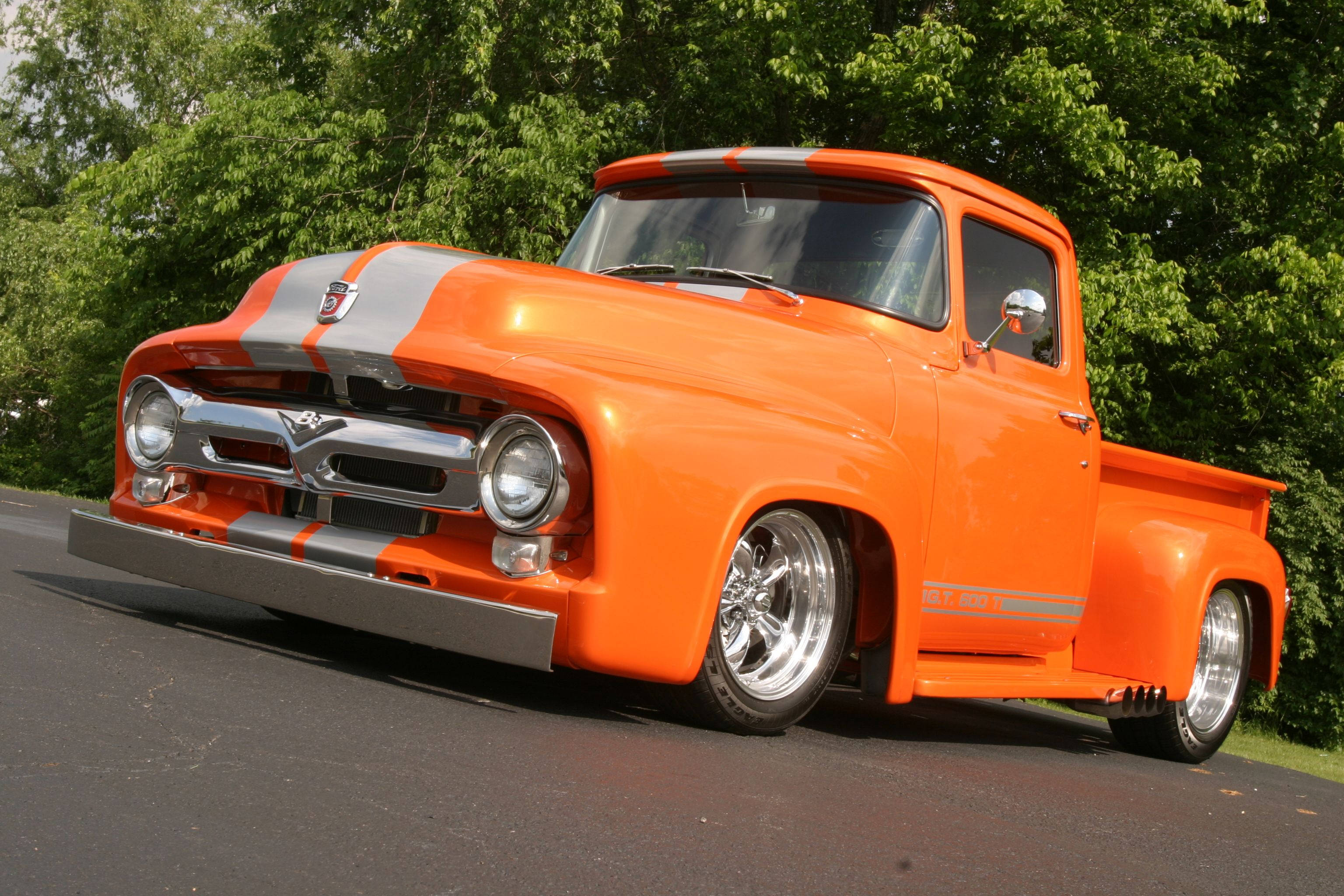 bright orange, old ford truck, silver racing stripes, 2K Desktop Wallpaper
