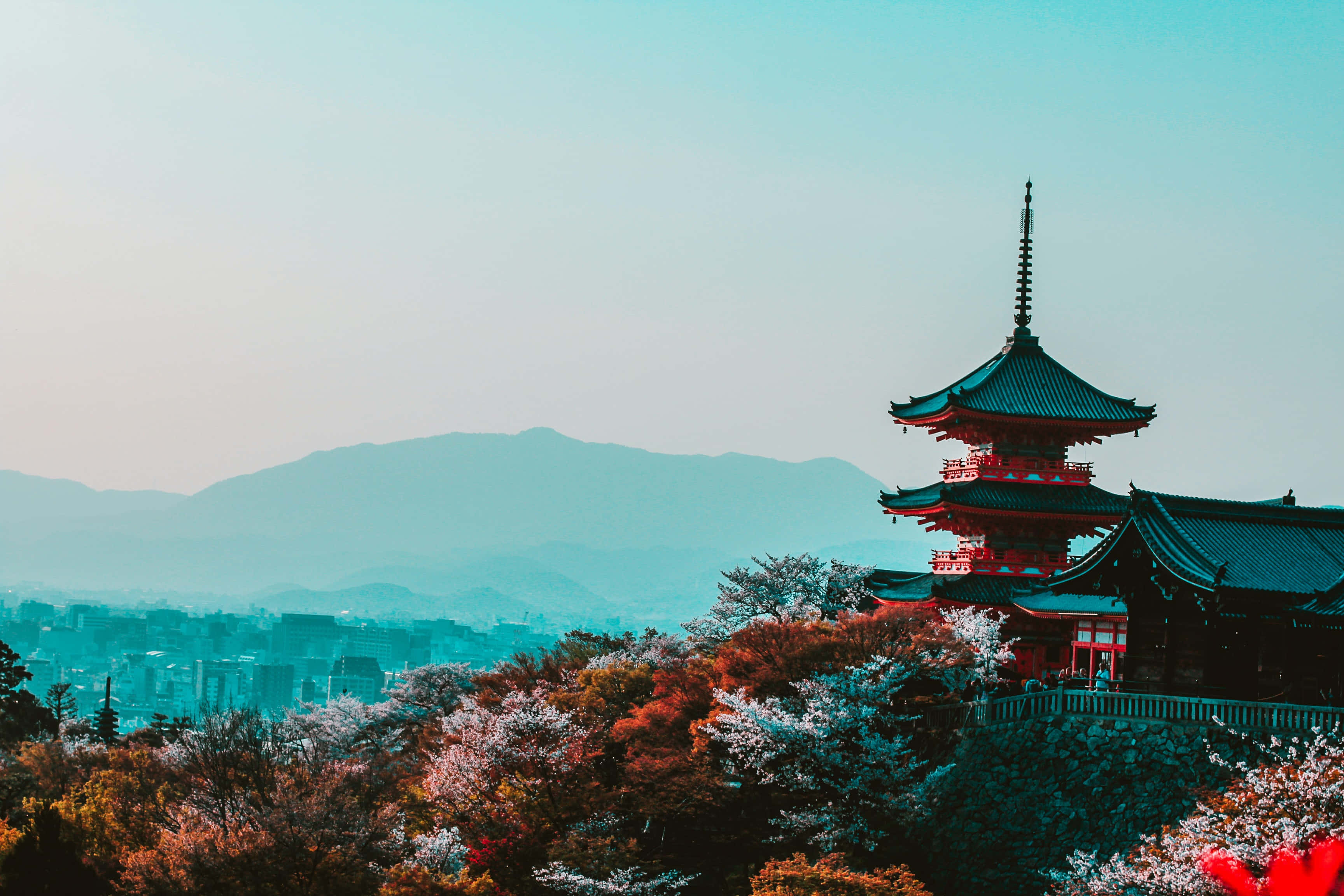 Old Japanese, red pagoda, cherry blossom trees, 2K Desktop Wallpaper