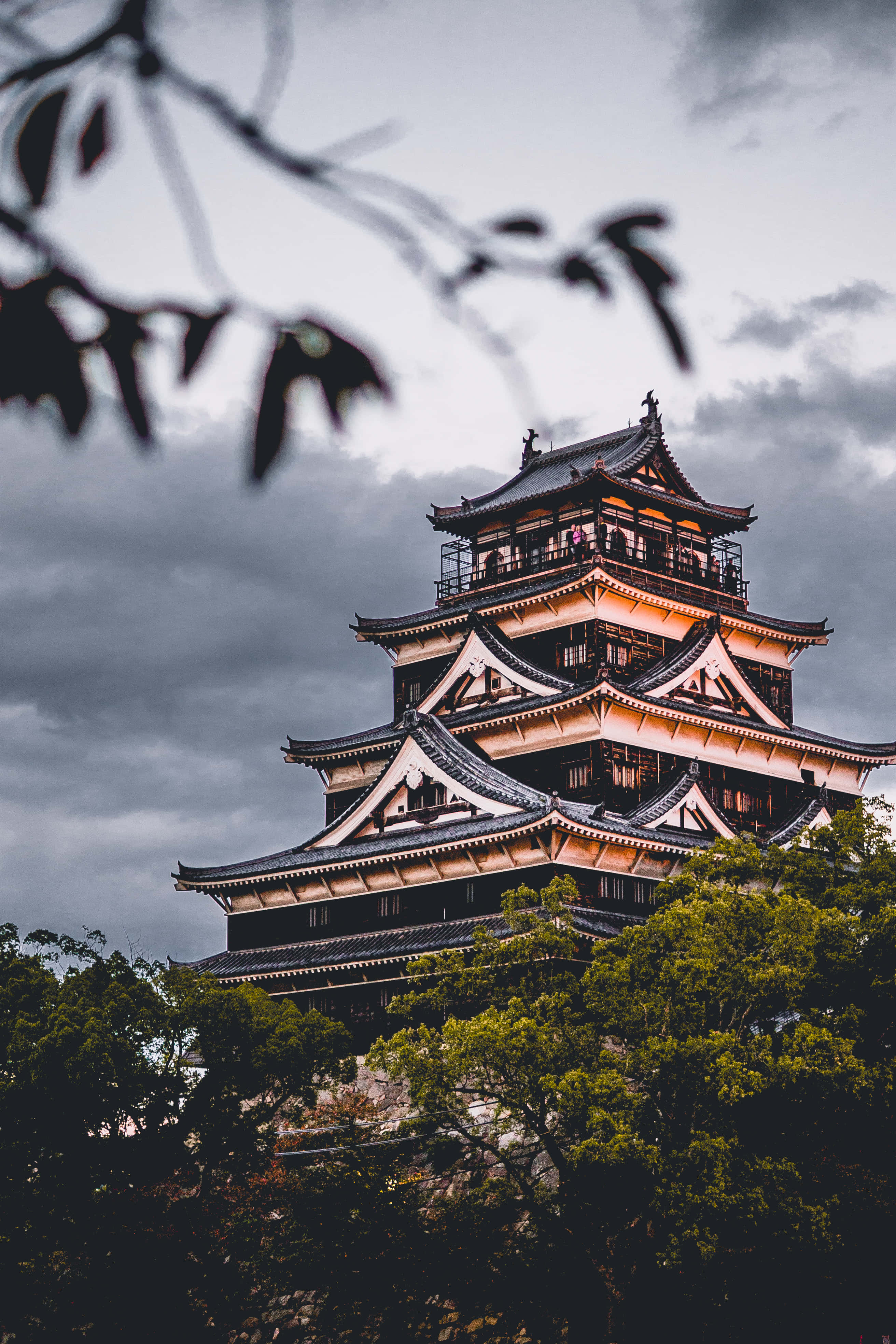 Japanese castle, moody gray sky, silhouetted tree branches, 4K Phone Wallpaper