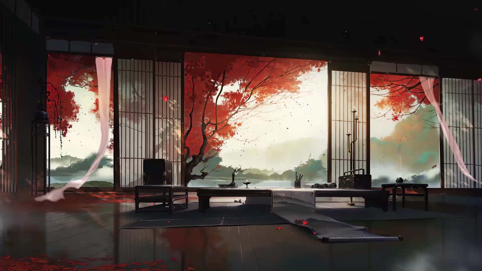 red curtains, shoji screens, red maple trees, Full HD Desktop Wallpaper