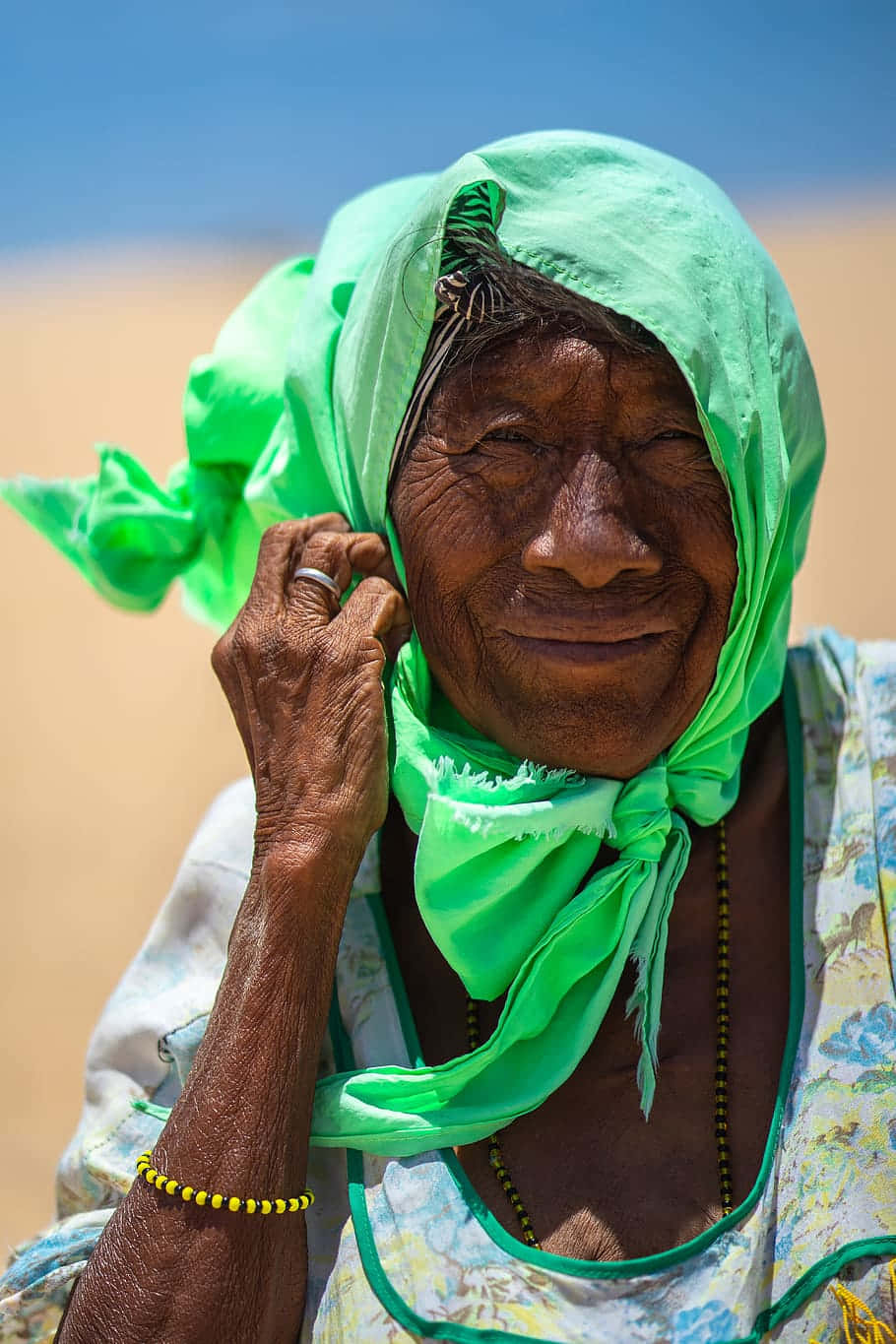 Old Lady, neon green scarf, sunlit sandy backdrop, HD Phone Wallpaper