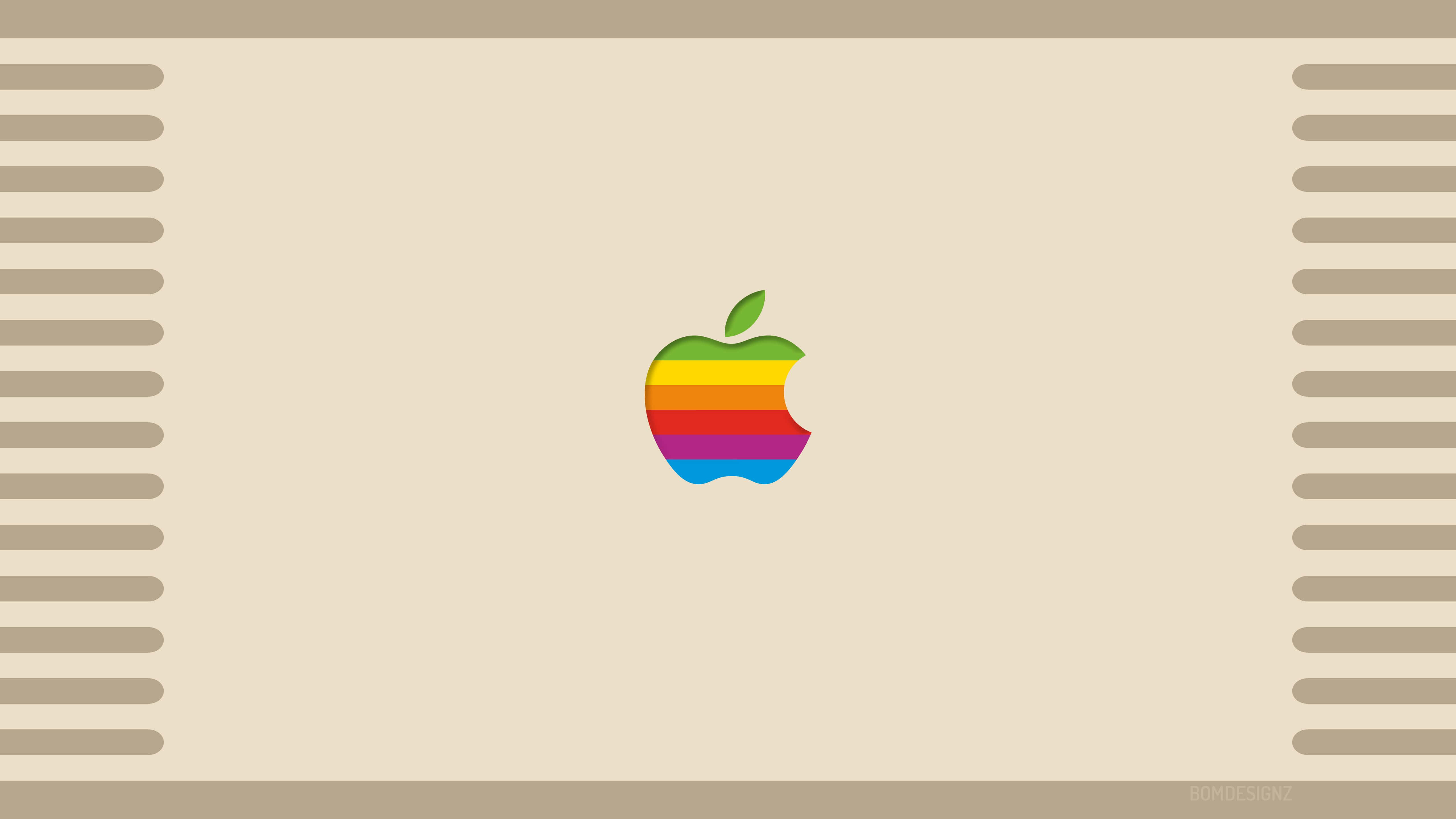 Old Mac, rainbow-striped Apple logo, beige background, 5K Desktop Wallpaper