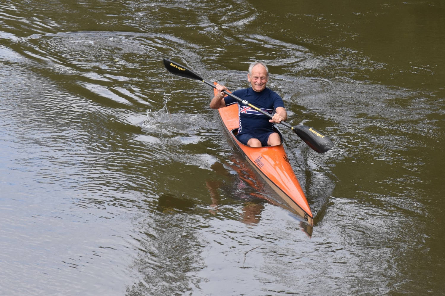 canoeing old man, orange kayak, calm rippling river, HD Desktop Wallpaper