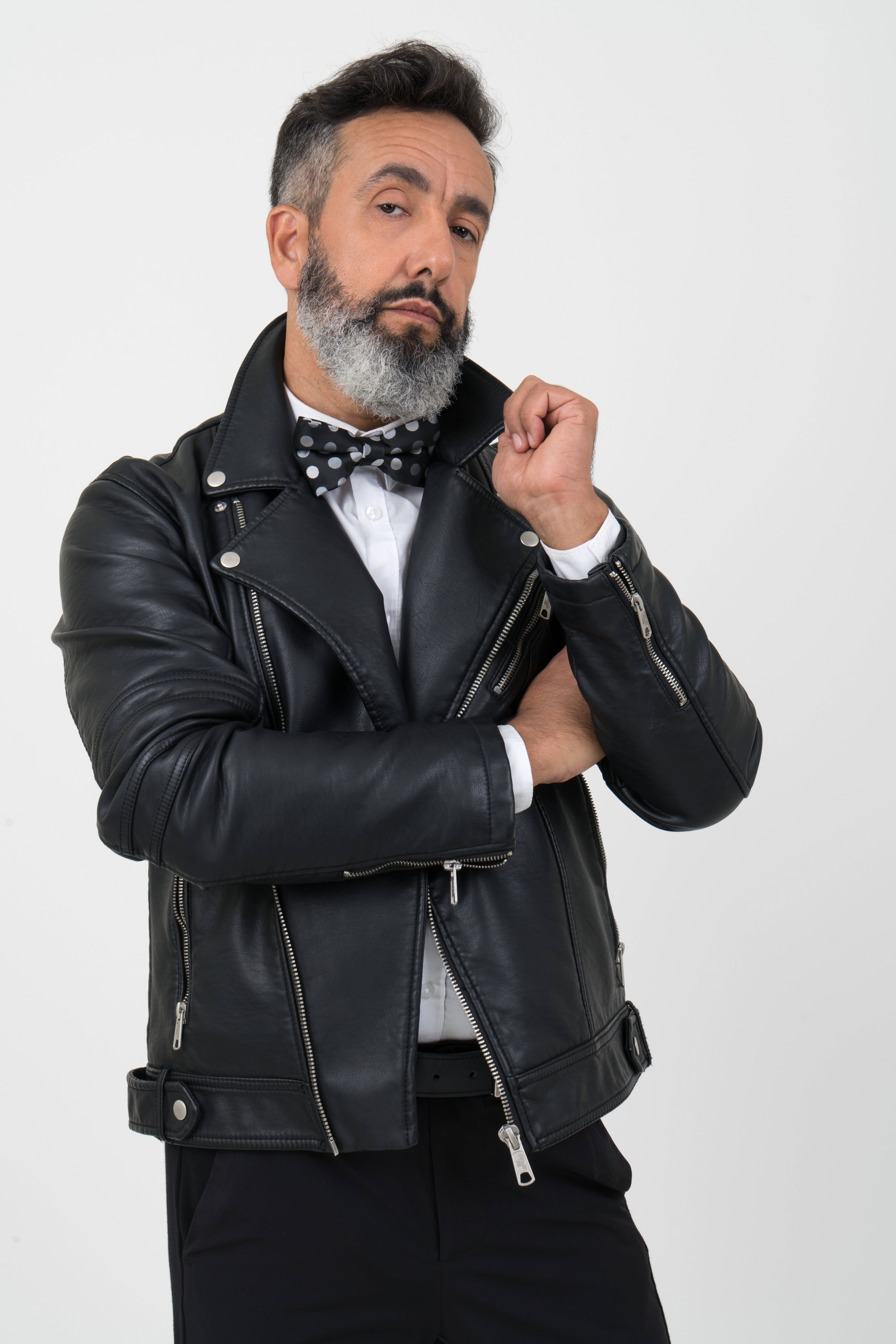 Old Man, black leather jacket, gray beard, 8K Phone Wallpaper