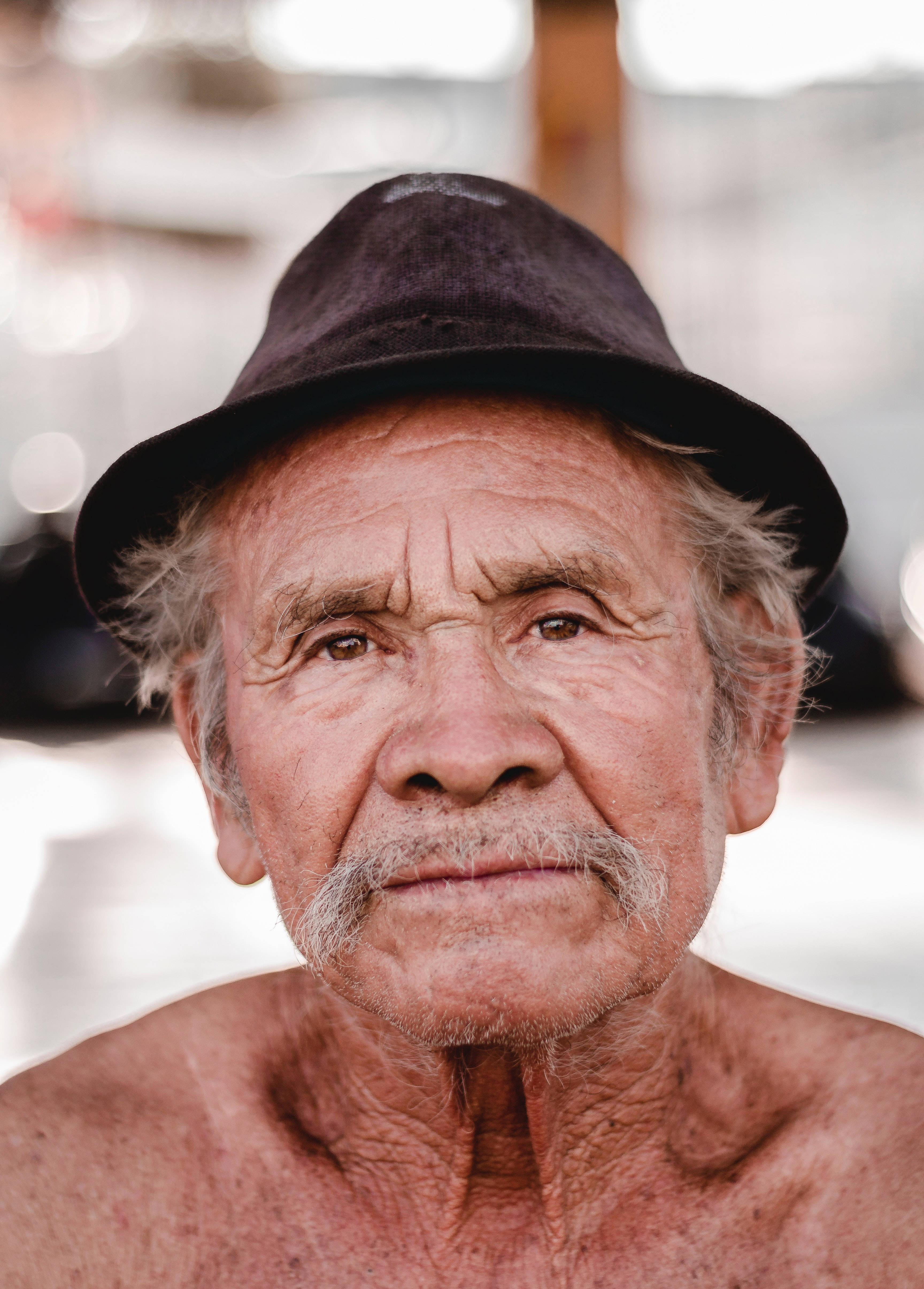 elderly man, black fedora hat, deep wrinkles, 4K Phone Wallpaper