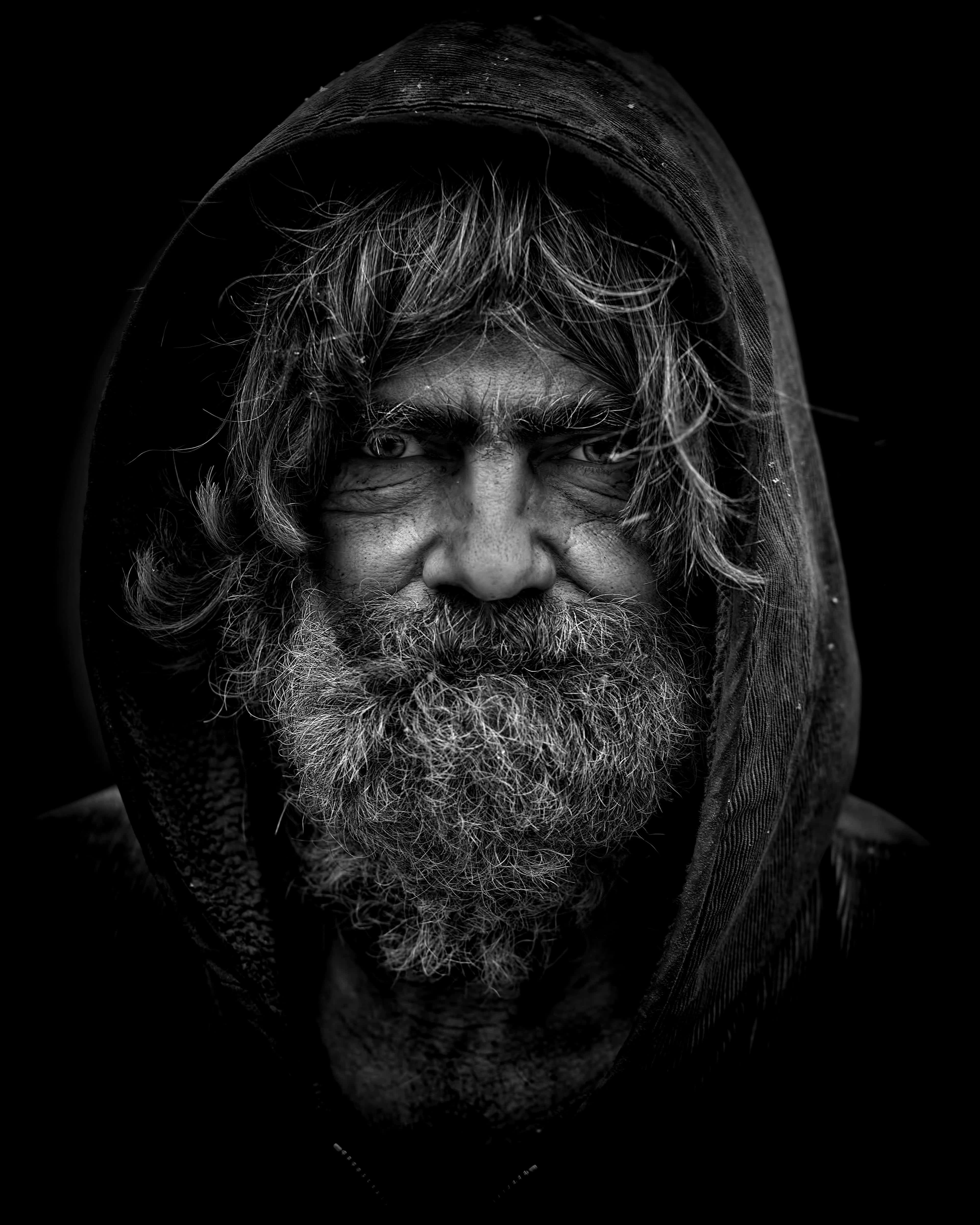 poor old man, long beard, hooded cloak, 4K Phone Wallpaper