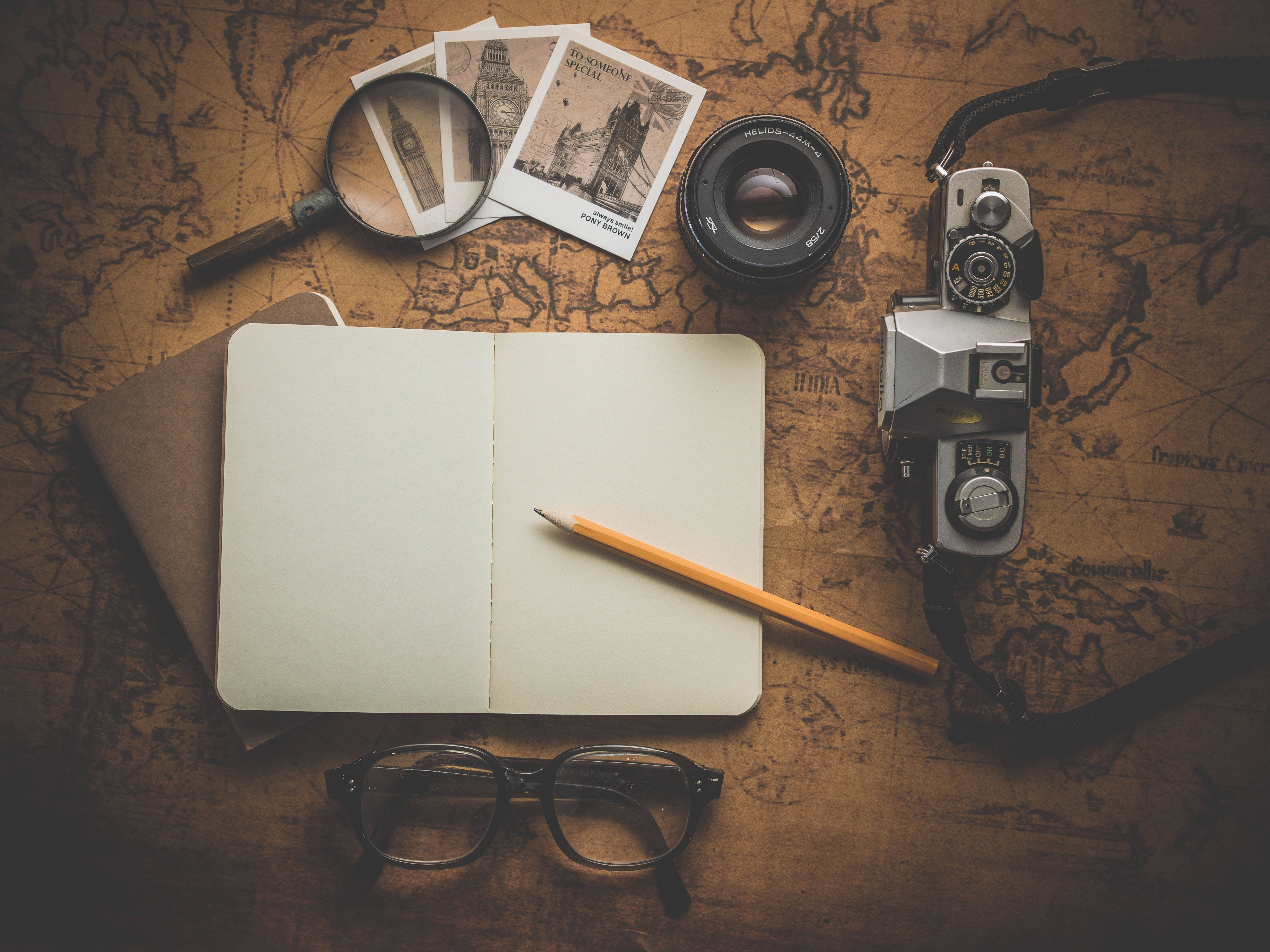 Travel 4K Vintage Map, vintage travel gear, camera magnifying glass, 4K Desktop Wallpaper