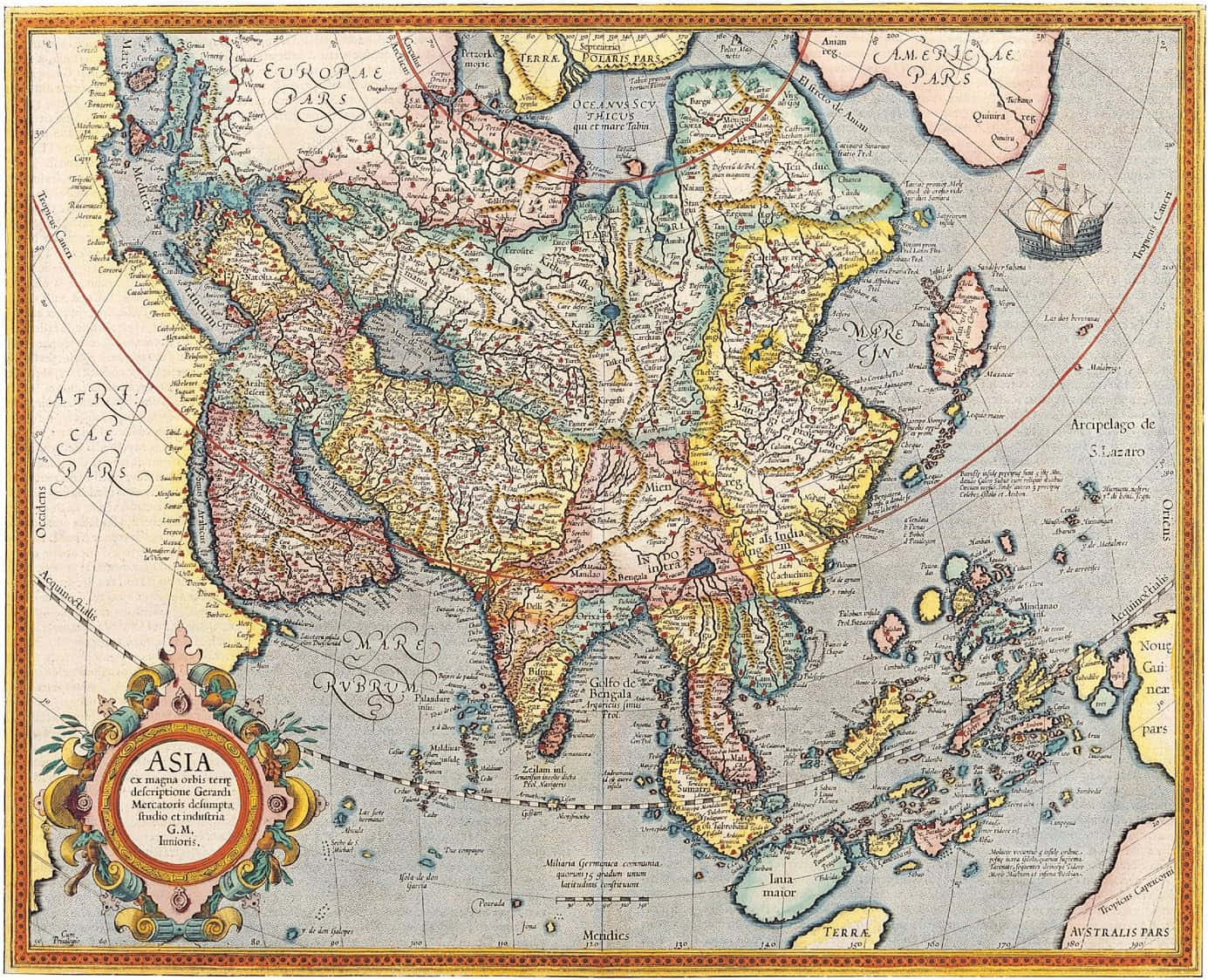 vintage map of Asia, ornate decorative borders, hand-drawn ships, HD Desktop Wallpaper