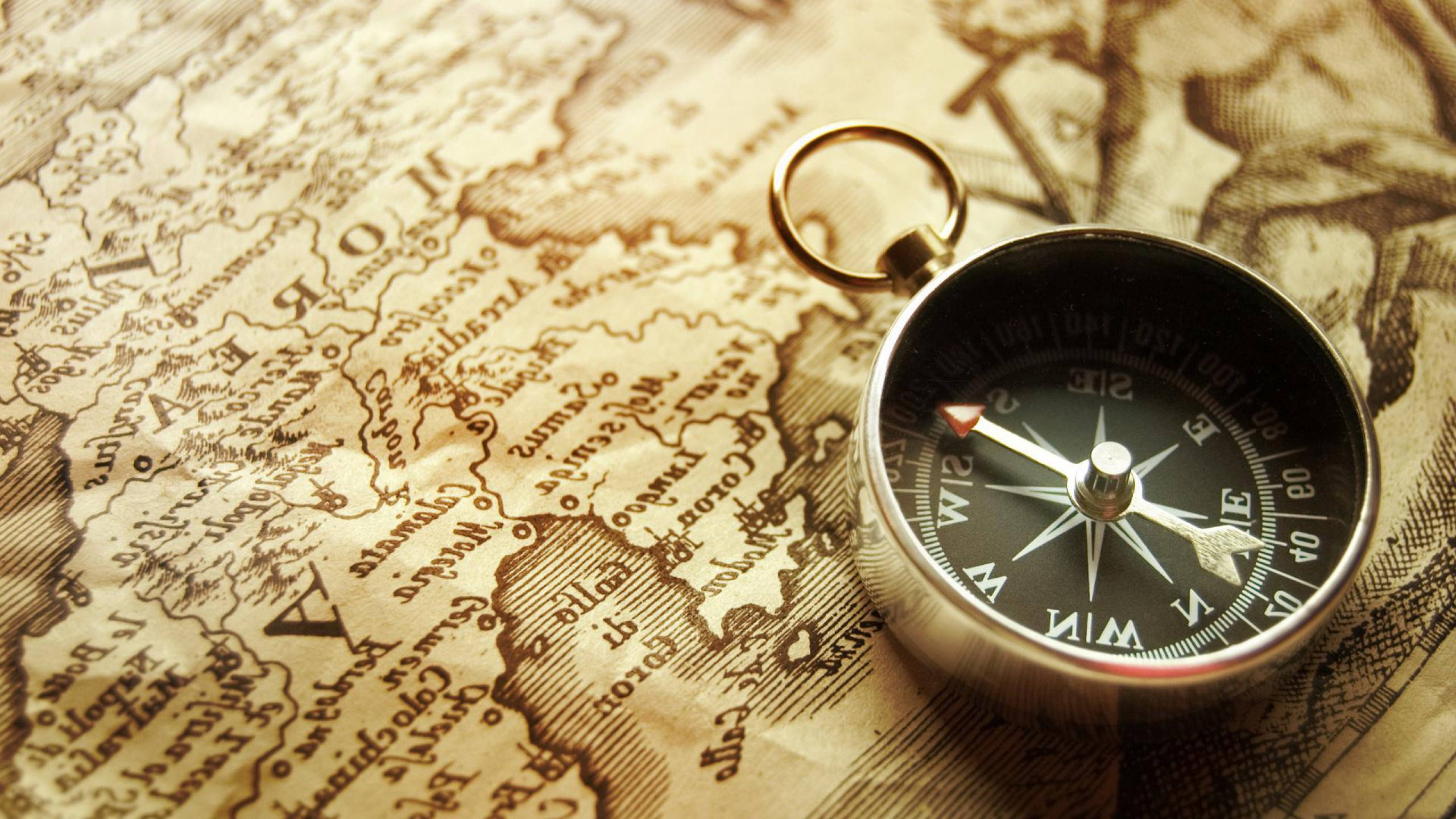 classic compass, Greek map, vintage brass compass, 2K Desktop Wallpaper