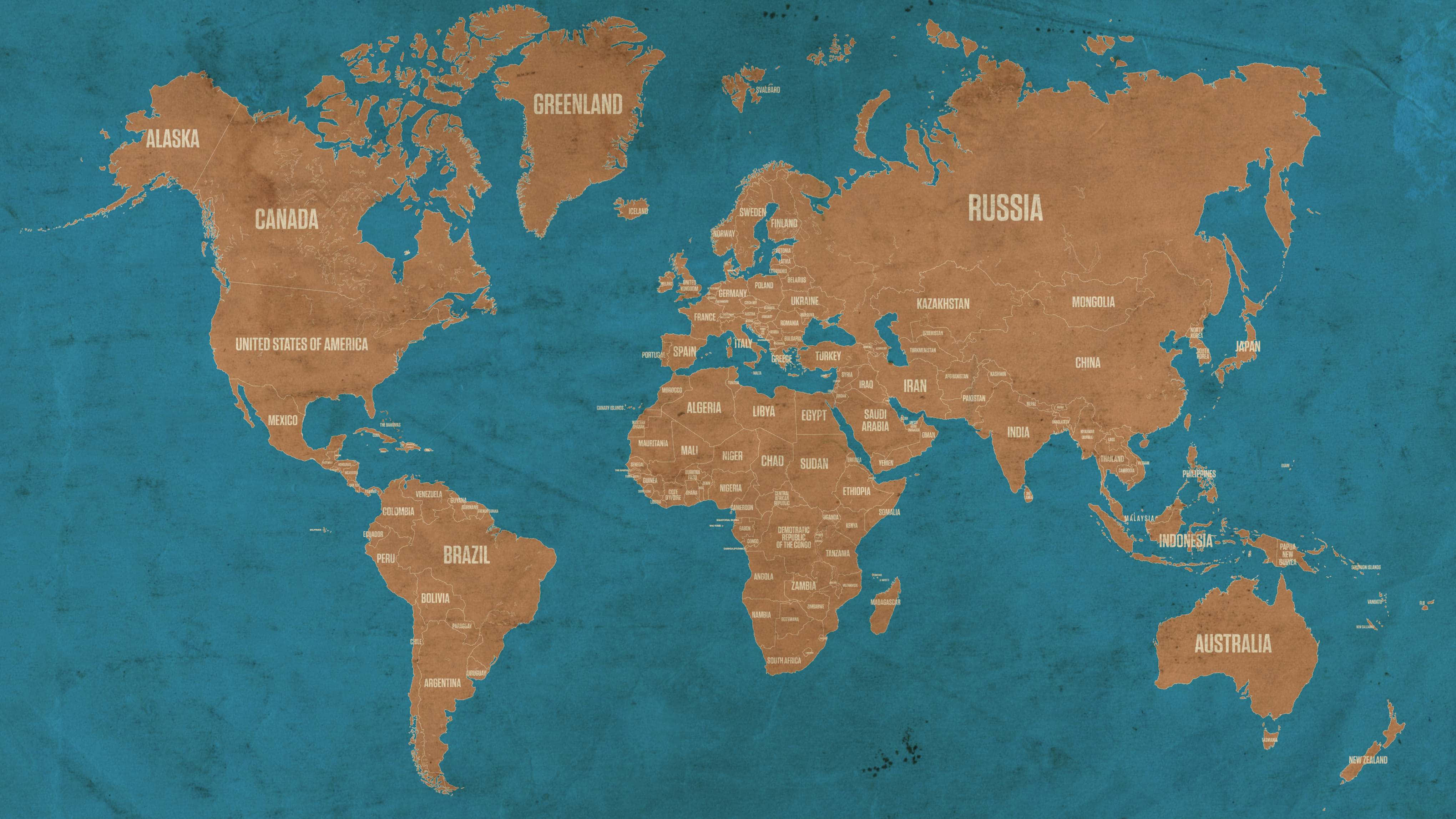 vintage style world map, brown landmasses, textured teal oceans, 4K Desktop Wallpaper