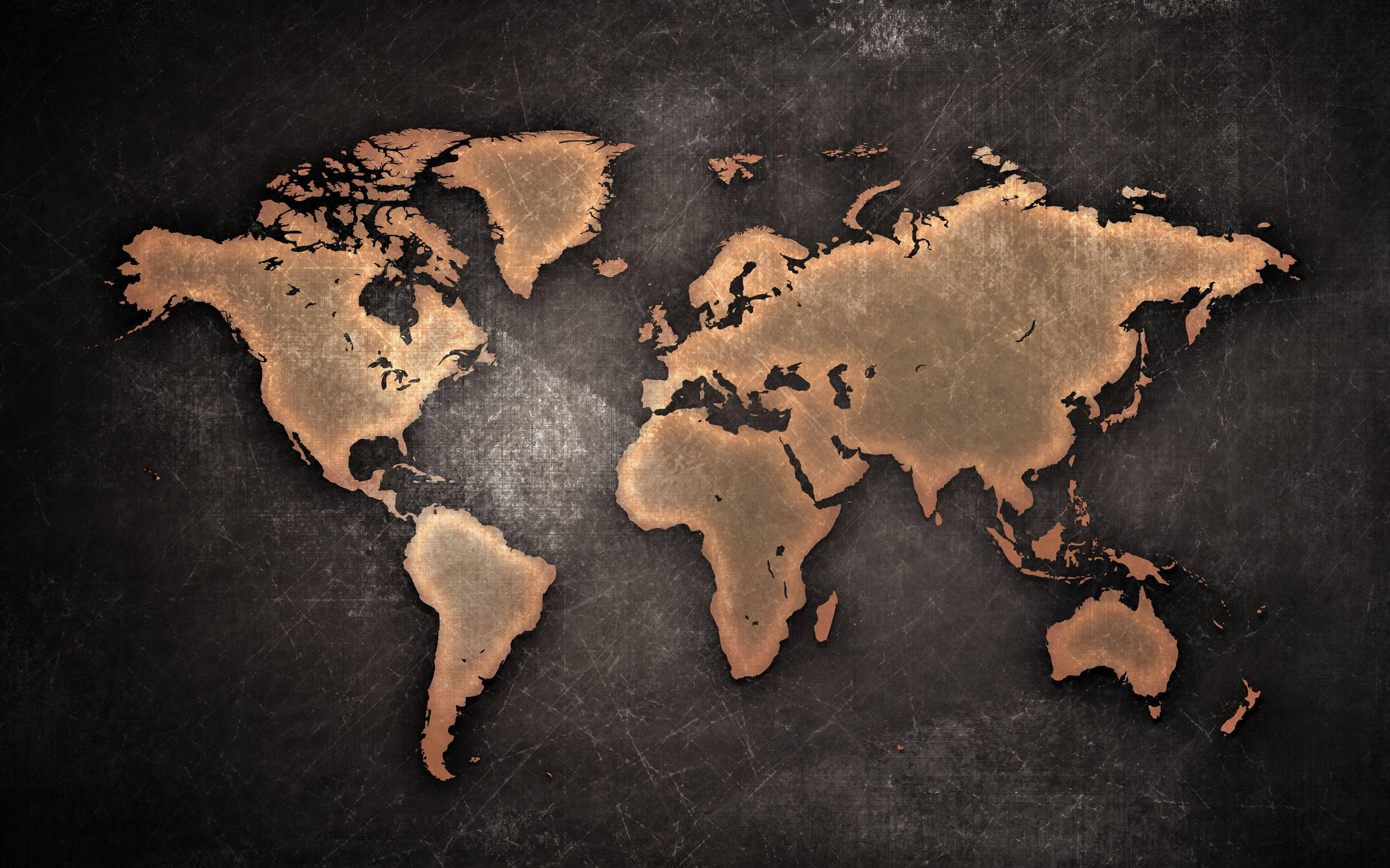 stone world map, copper-toned, dark textured surface, 4K Desktop Wallpaper