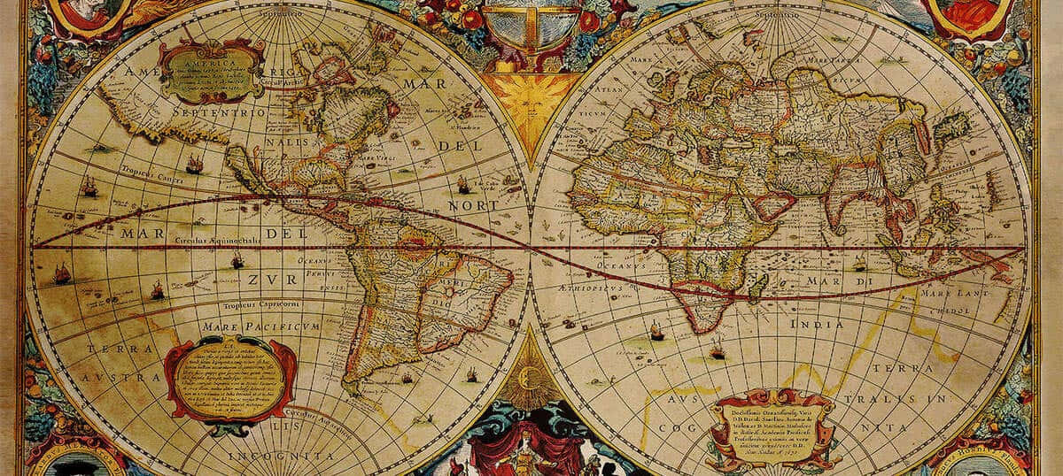 vintage world map, double-hemisphere, decorative borders, SD Desktop Wallpaper