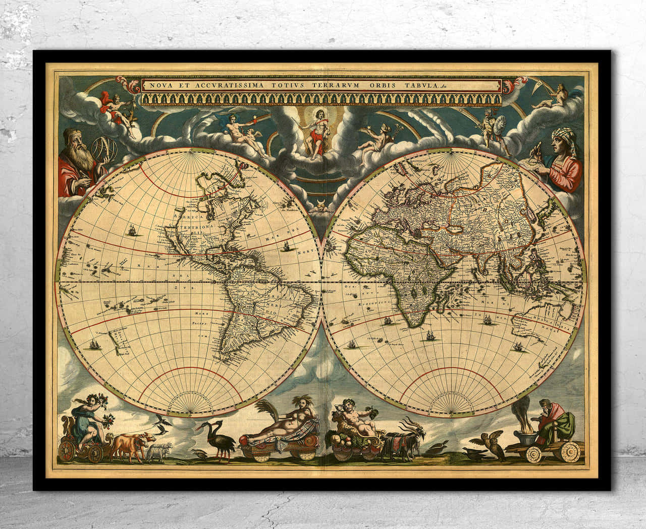 vintage world map hemispheres, double-hemisphere world map, mythological figures, HD Desktop Wallpaper