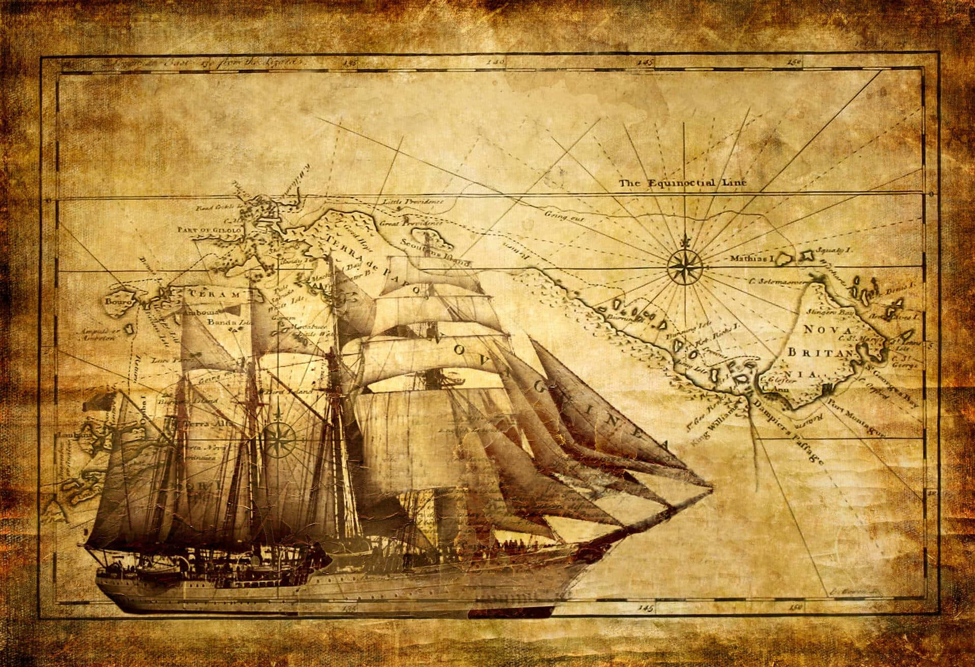 ancient world map, sepia-toned map, sailing ship, HD Desktop Wallpaper