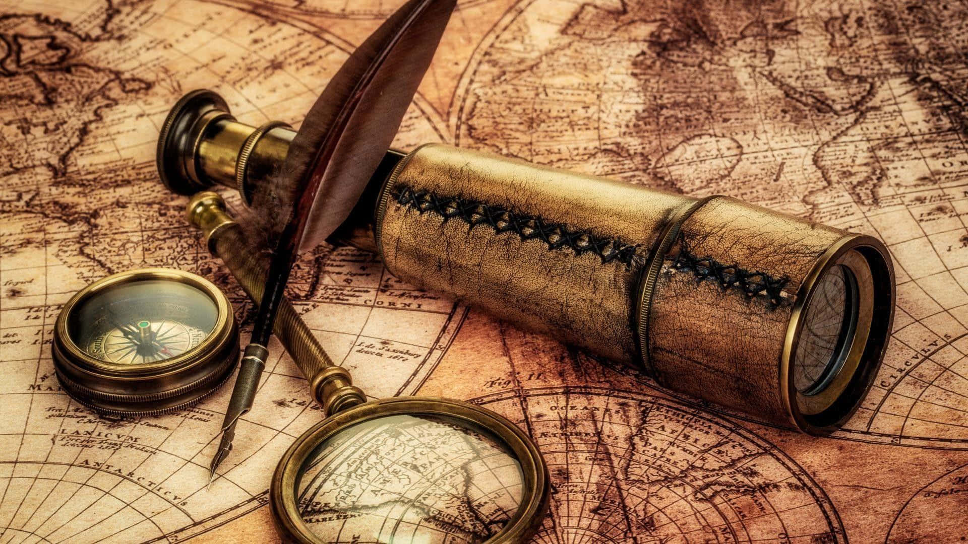 ancient geographic chart of the world, vintage brass telescope compass, magnifying glass, Full HD Desktop Wallpaper