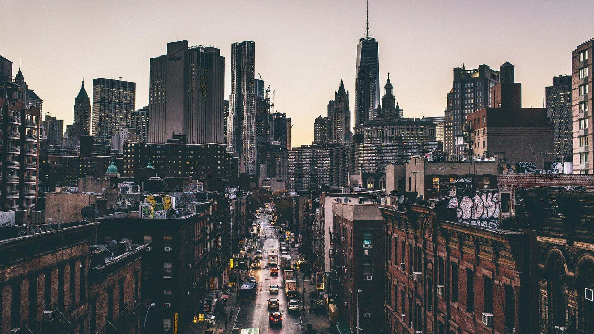 Old New York City, dusk, tall buildings, Full HD Desktop Wallpaper