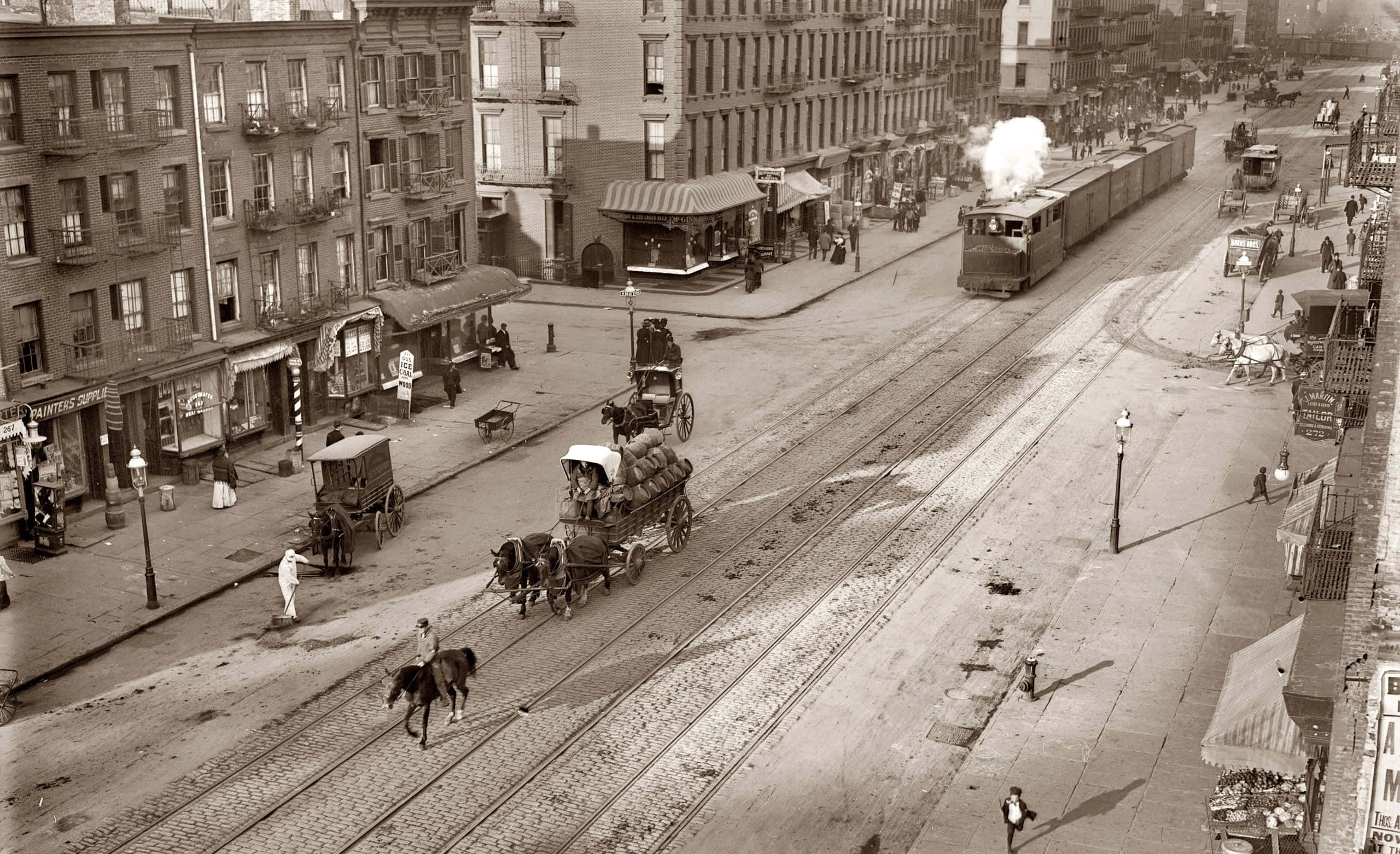 Old New York City, horse-drawn carriages, steam tram, 2K Desktop Wallpaper