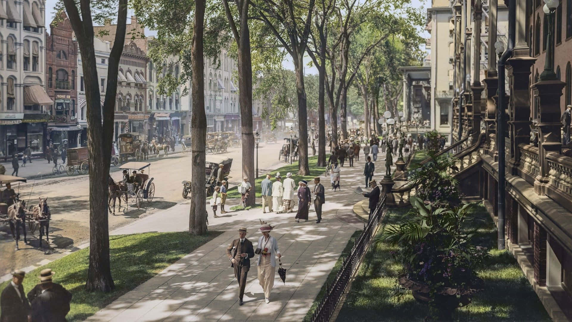 New York City, early 1900s, tree-lined urban street, Full HD Desktop Wallpaper