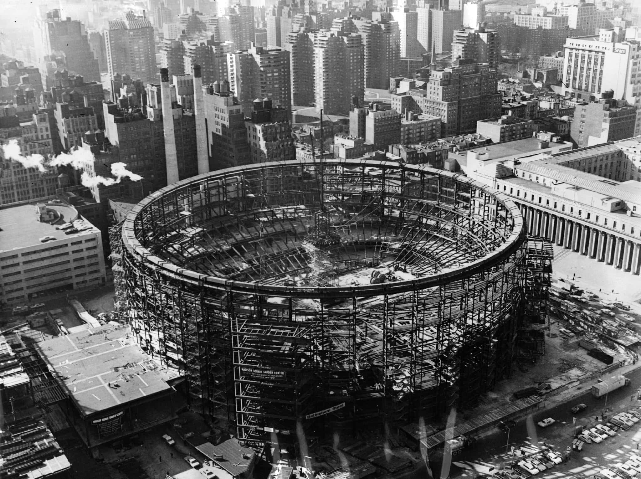 Old New York City, circular steel frame, aerial view, Full HD Desktop Wallpaper