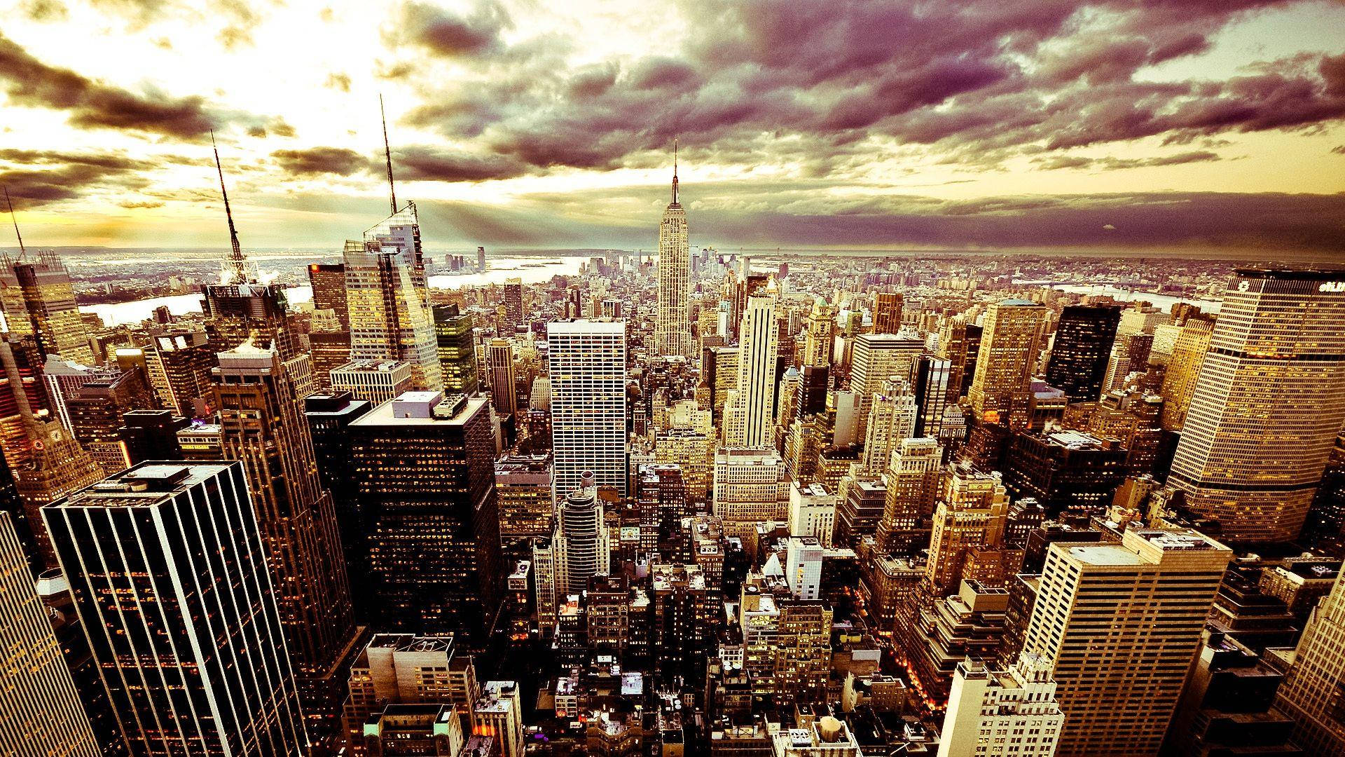New York City skyline, sunset, golden light, Full HD Desktop Wallpaper