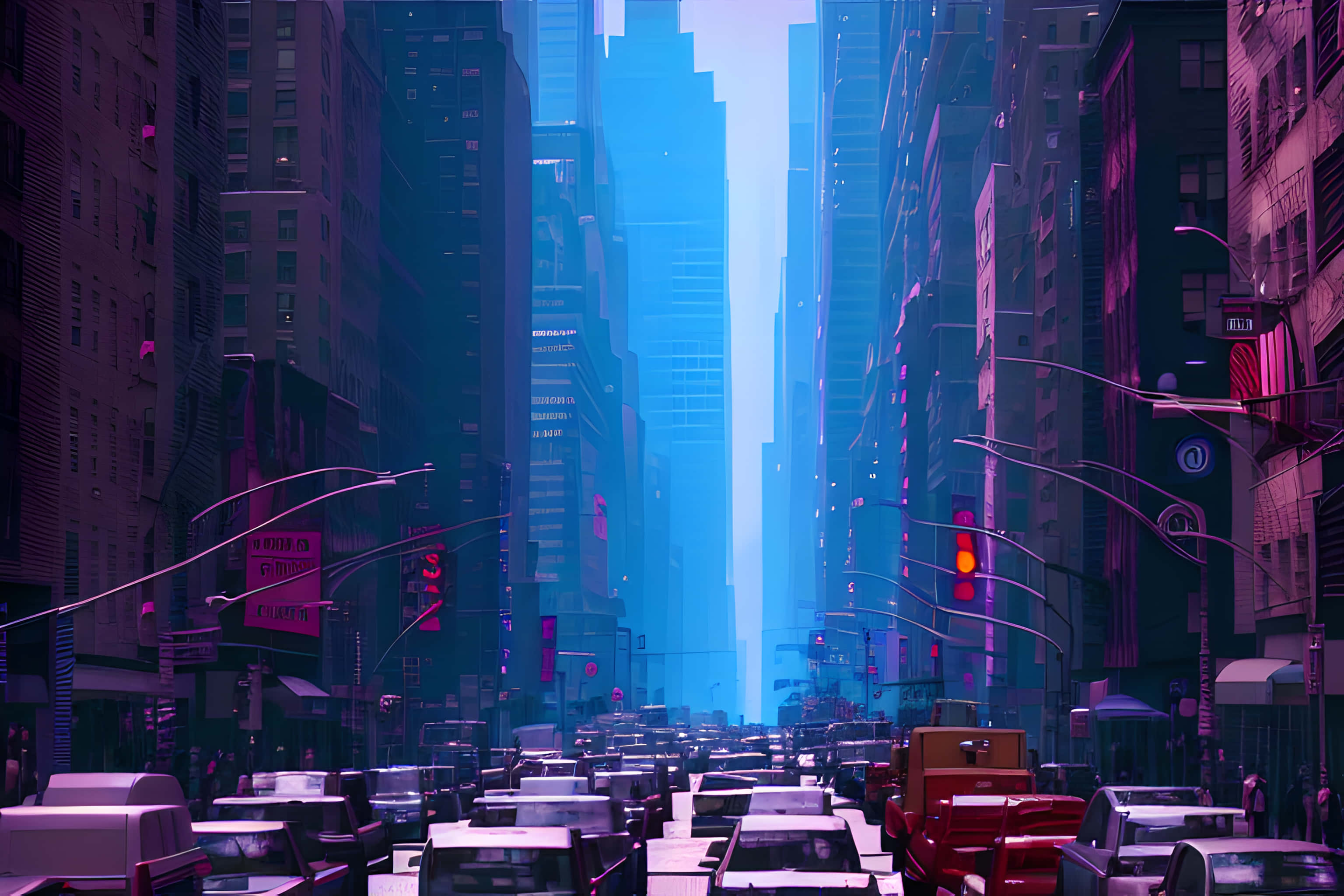 New York, neon purple, blue light, 2K Desktop Wallpaper