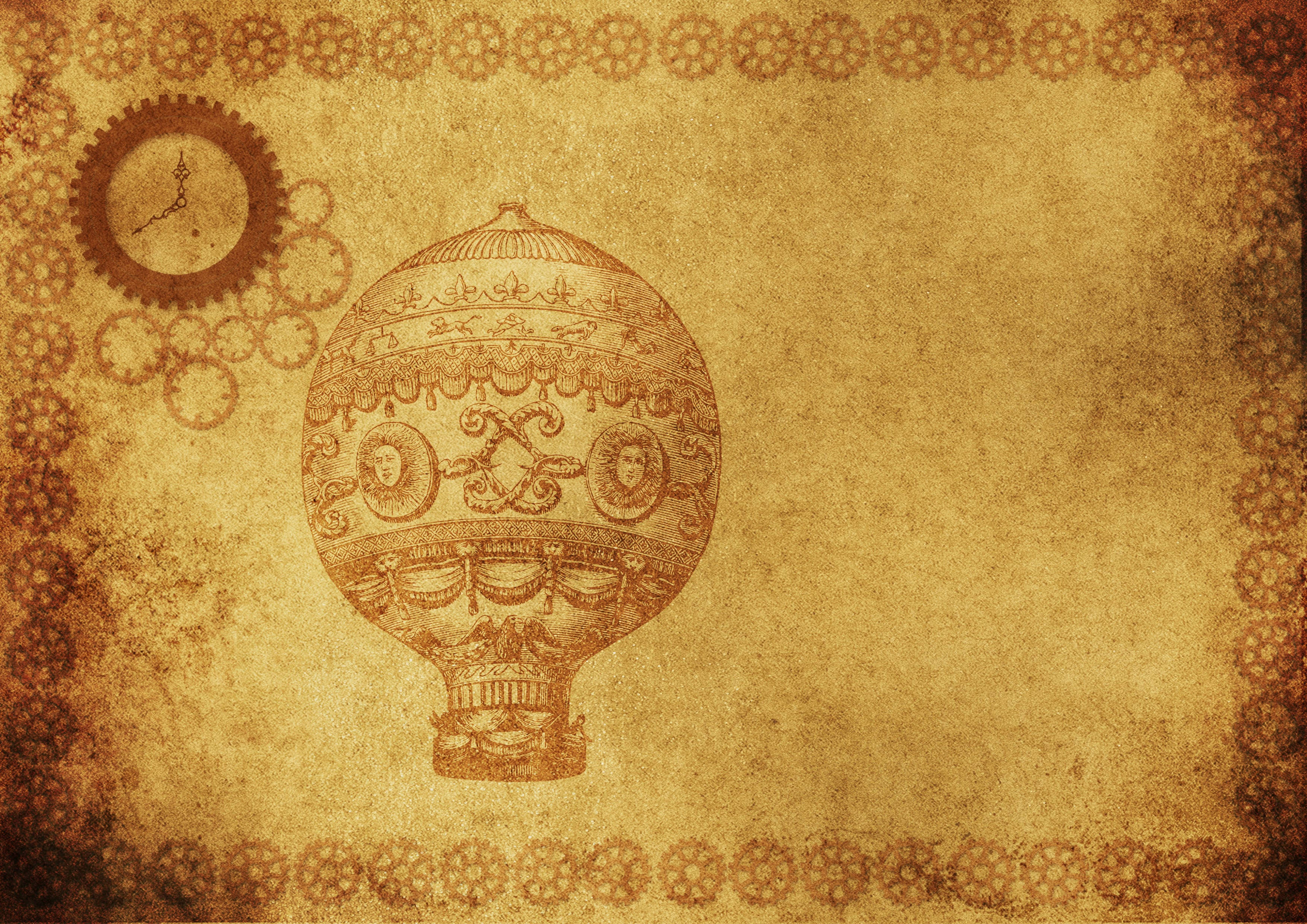 vintage hot air balloon, sepia-toned parchment background, gears, 2K Desktop Wallpaper