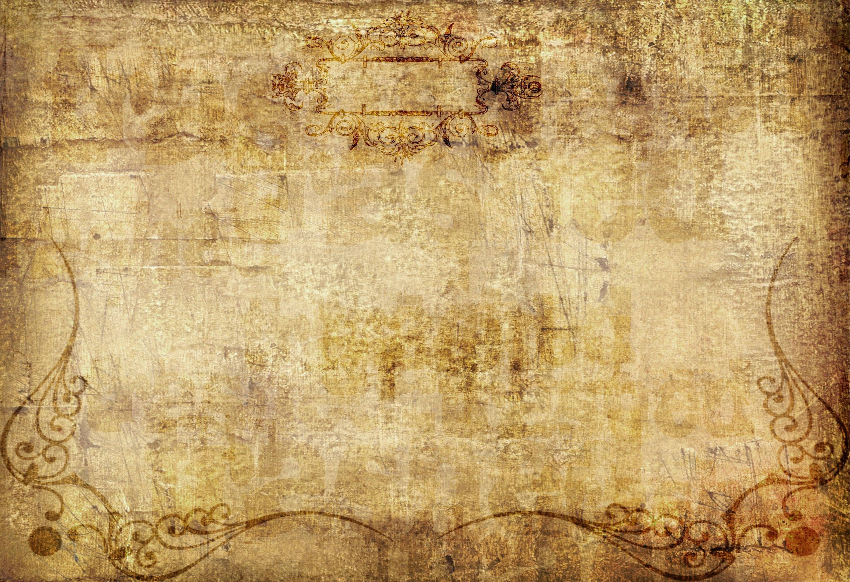 vintage parchment, ornate brown filigree borders, distressed texture, 2K Desktop Wallpaper