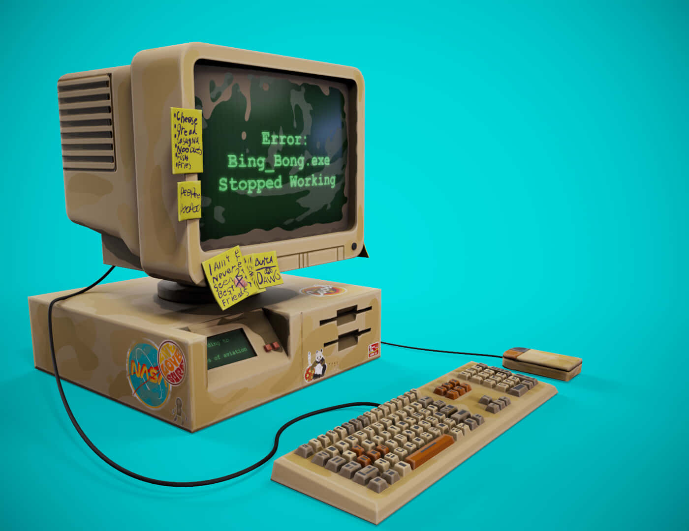 beige retro computer, glitching screen, sticky notes, HD Desktop Wallpaper