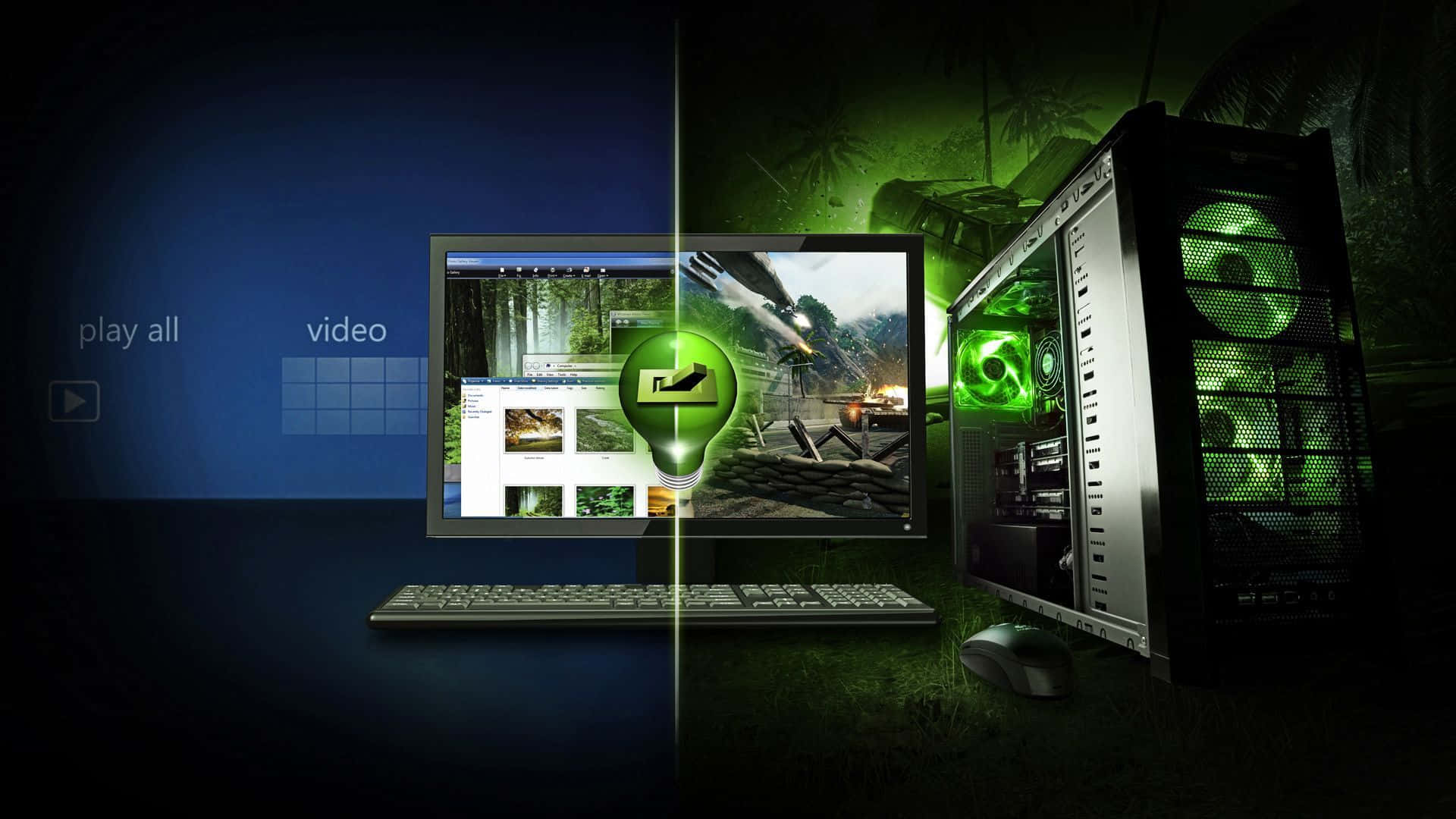 old PC, split-screen gaming PC setup, glowing green internals, Full HD Desktop Wallpaper