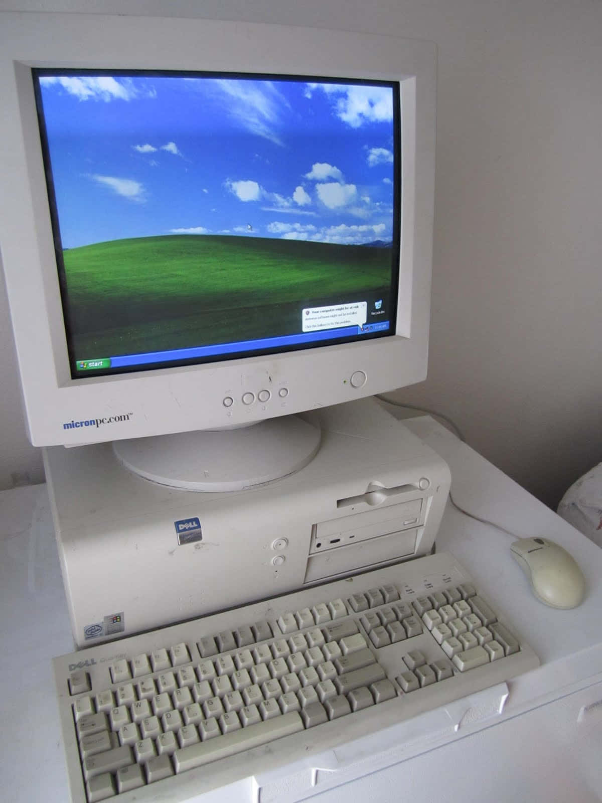 beige Dell desktop computer, classic green hills wallpaper, white desk, HD Phone Wallpaper