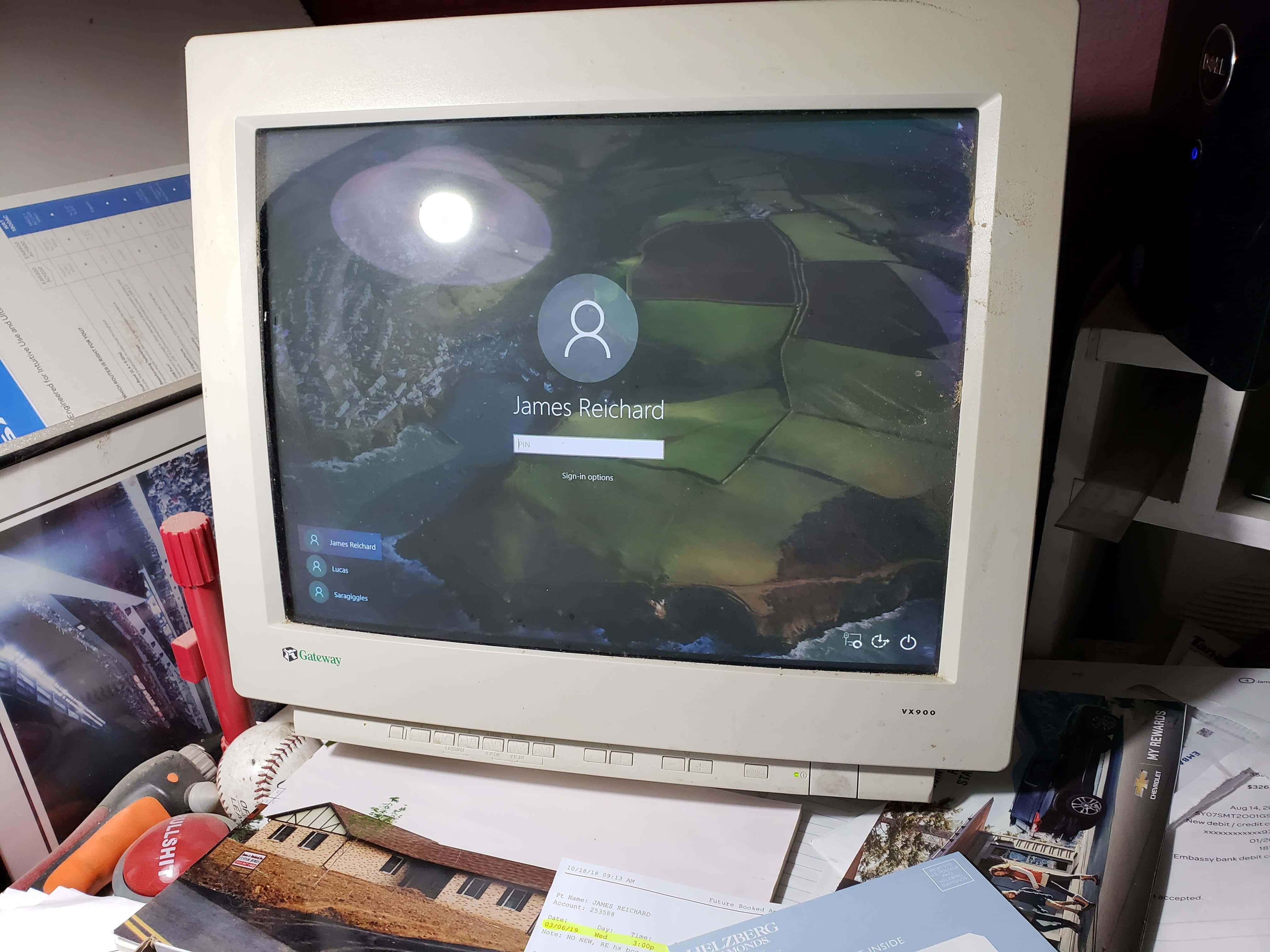 beige CRT monitor, green patchwork field wallpaper, cluttered office supplies, 4K Desktop Wallpaper