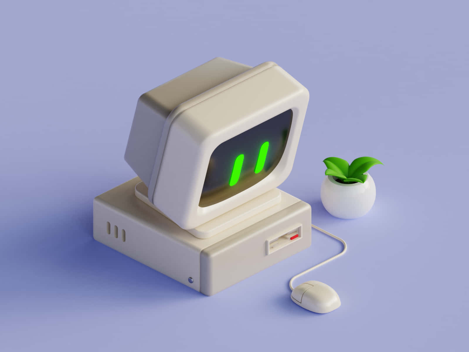 retro beige computer, glowing green vertical eyes, small potted plant, HD Desktop Wallpaper