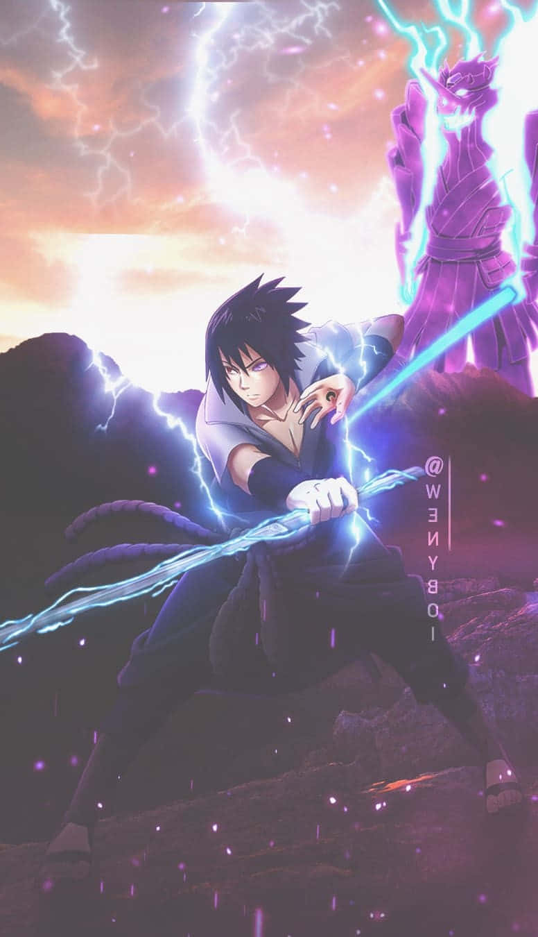 Old Sasuke, blue lightning energy, stormy sunset sky, HD Phone Wallpaper