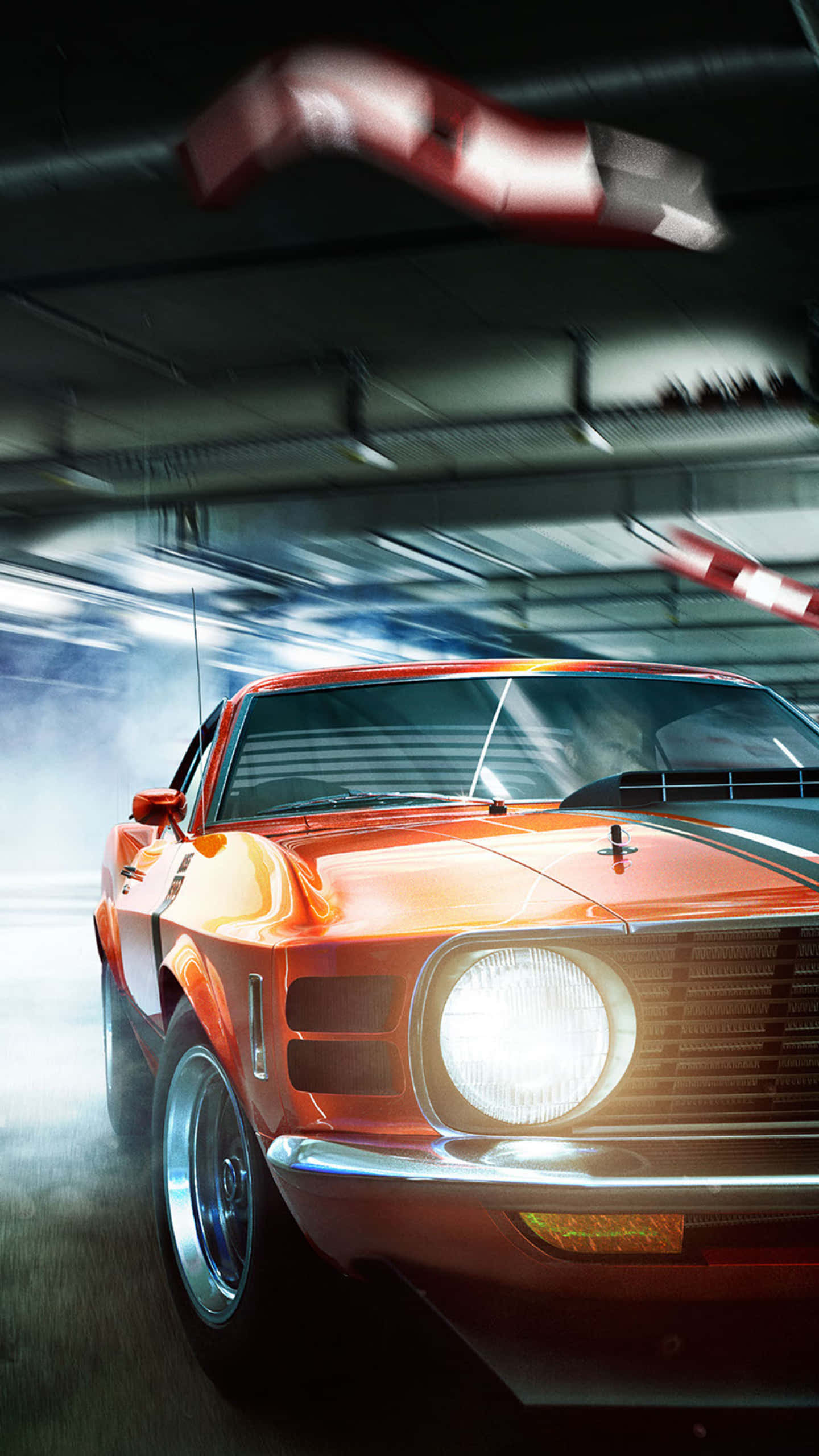 red car, classic muscle car, fiery orange, 2K Phone Wallpaper
